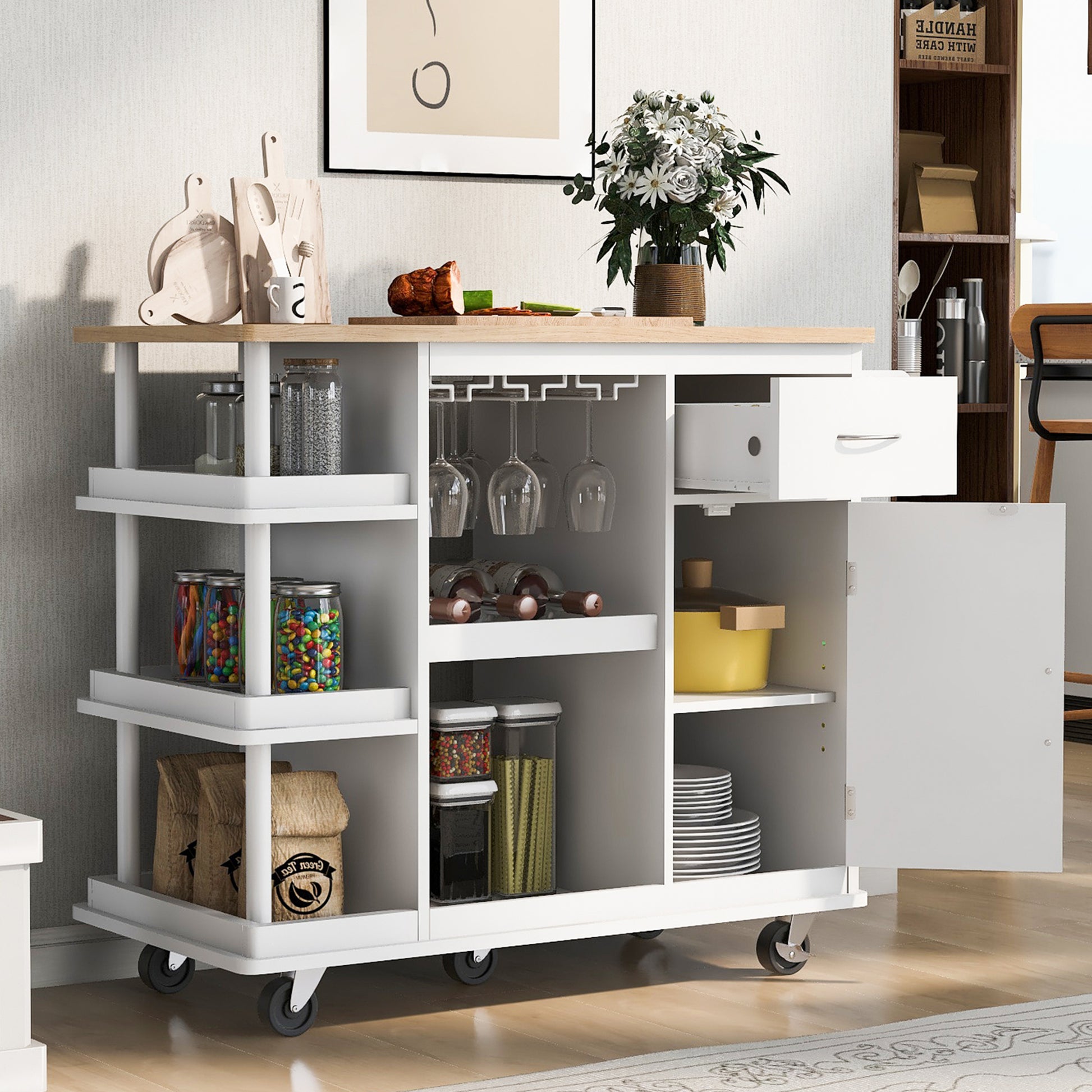 Multipurpose Kitchen Cart Cabinet with Side Storage white-mdf