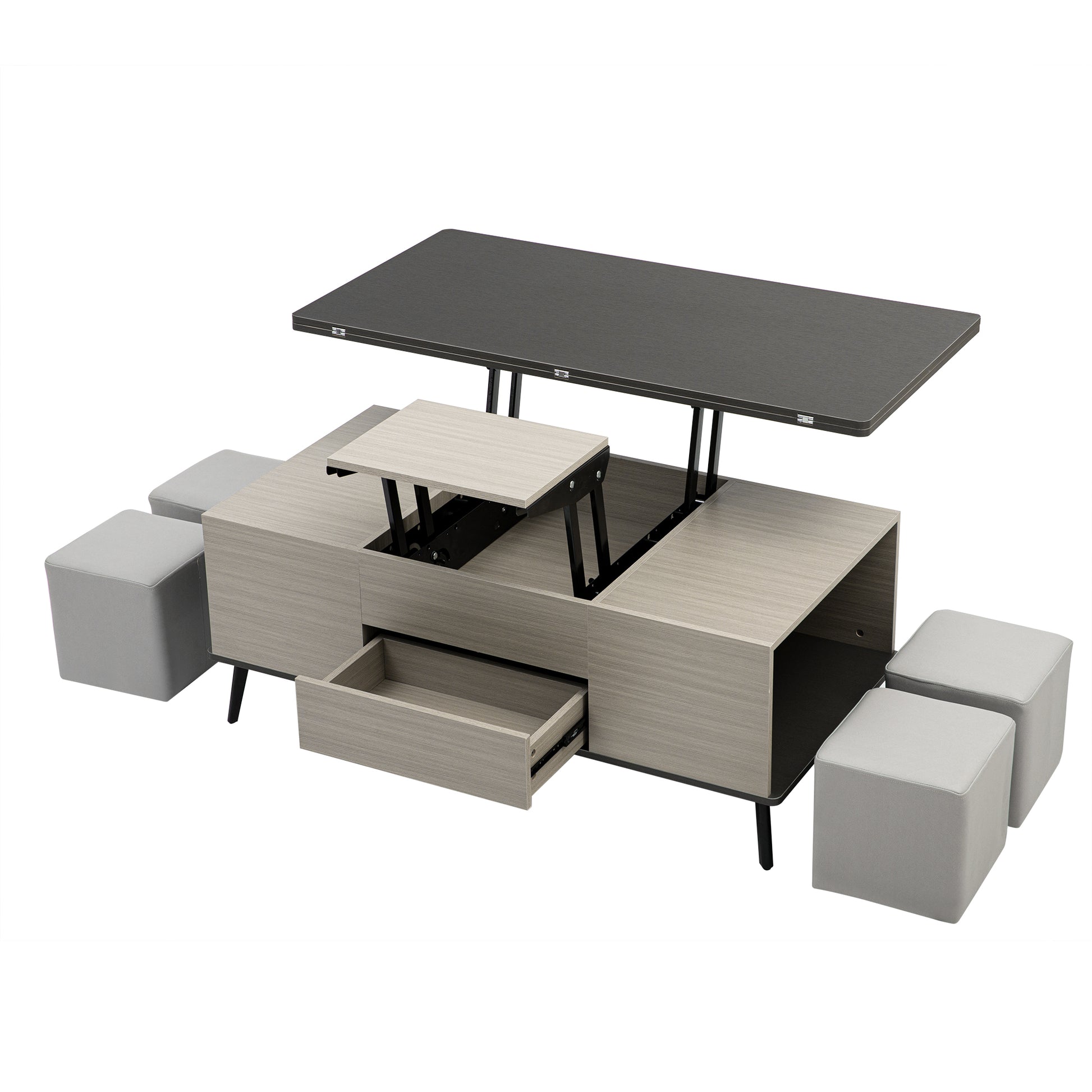 5 Pieces Lift Top Coffee Table Set With Storage Convertible Dining Table With Ottomans Dark Gray Fabric Mdf