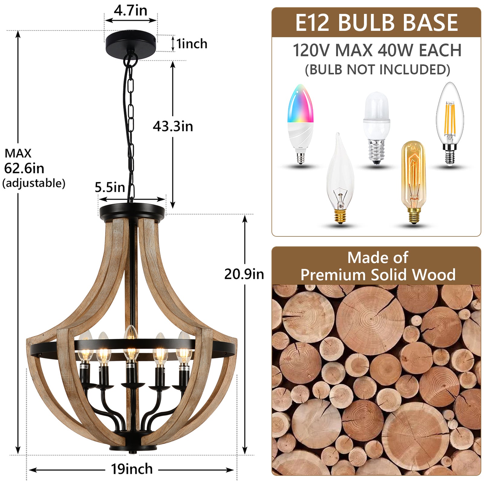 19" Farmhouse Wood Chandelier Light Fixtures brown-solid wood
