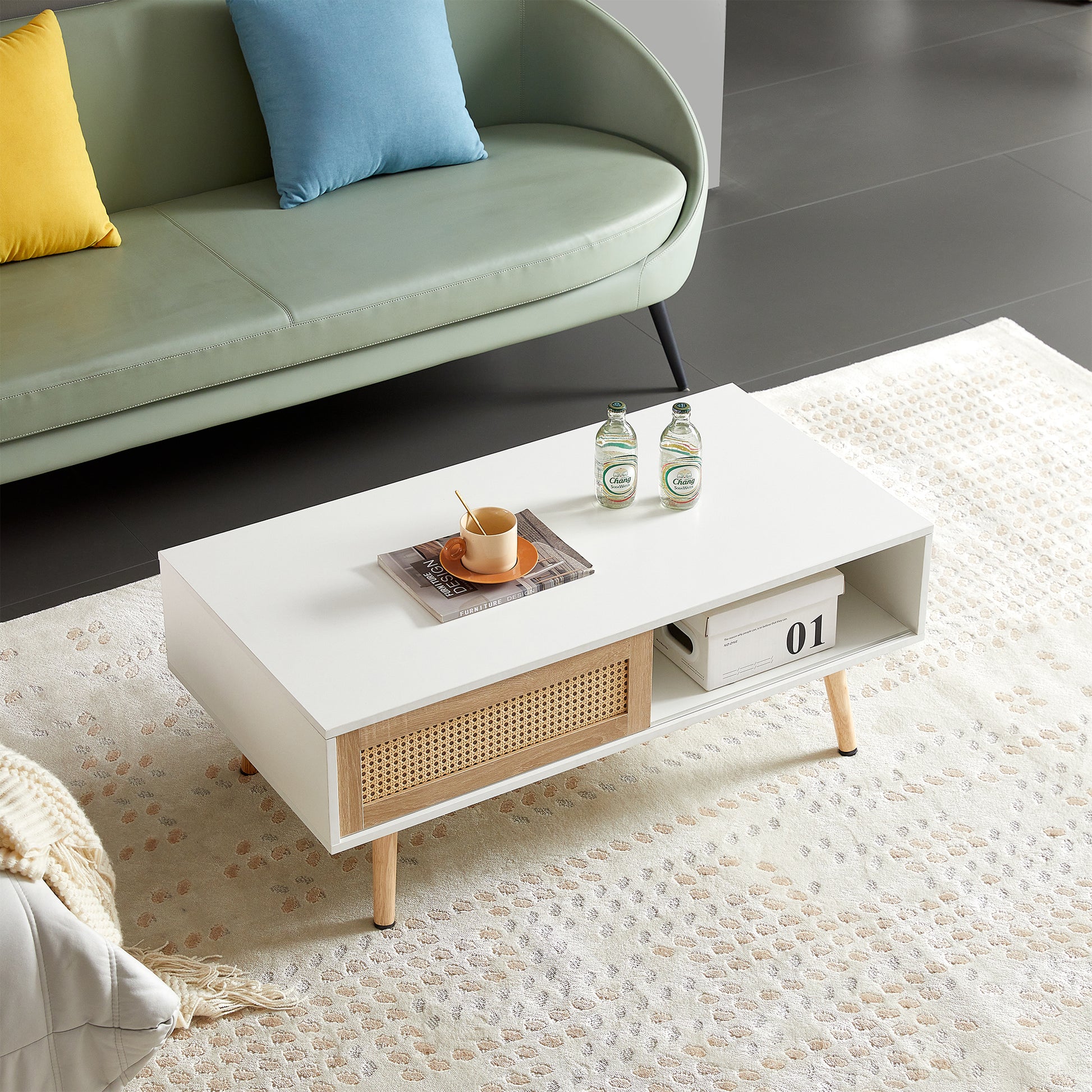 41.34" Rattan Coffee Table, Sliding Door For Storage, Solid Wood Legs, Modern Table For Living Room ,White White Solid Wood Mdf