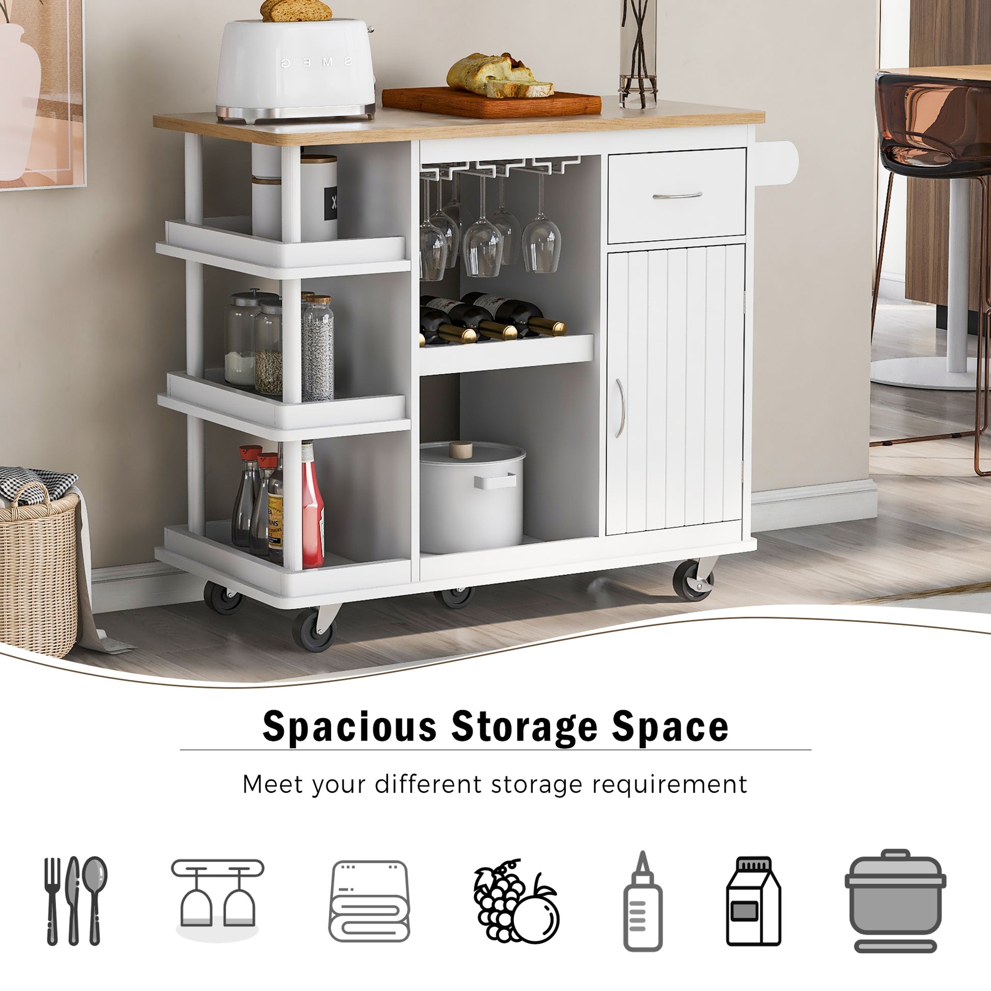 Multipurpose Kitchen Cart Cabinet with Side Storage white-mdf