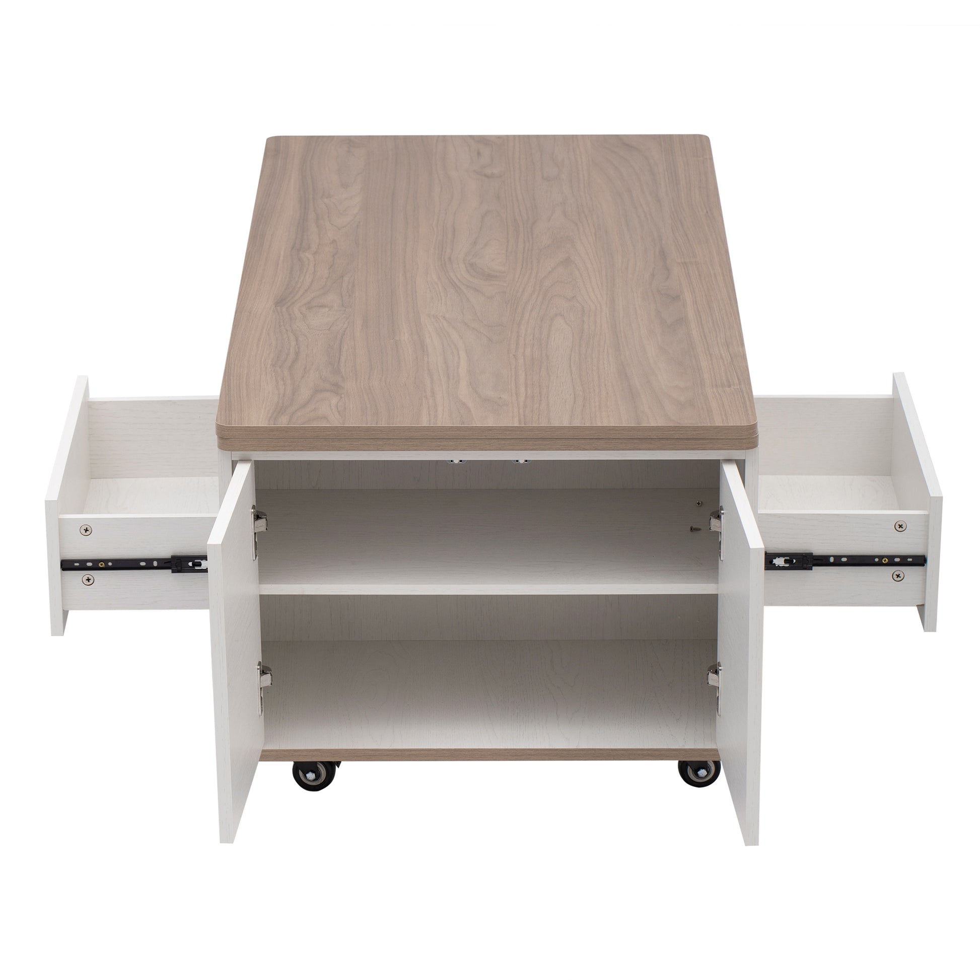 Modern Walnut & White Lift Top Coffee Table Multifunctional Table With Drawers & Shelves White Walnut Mdf