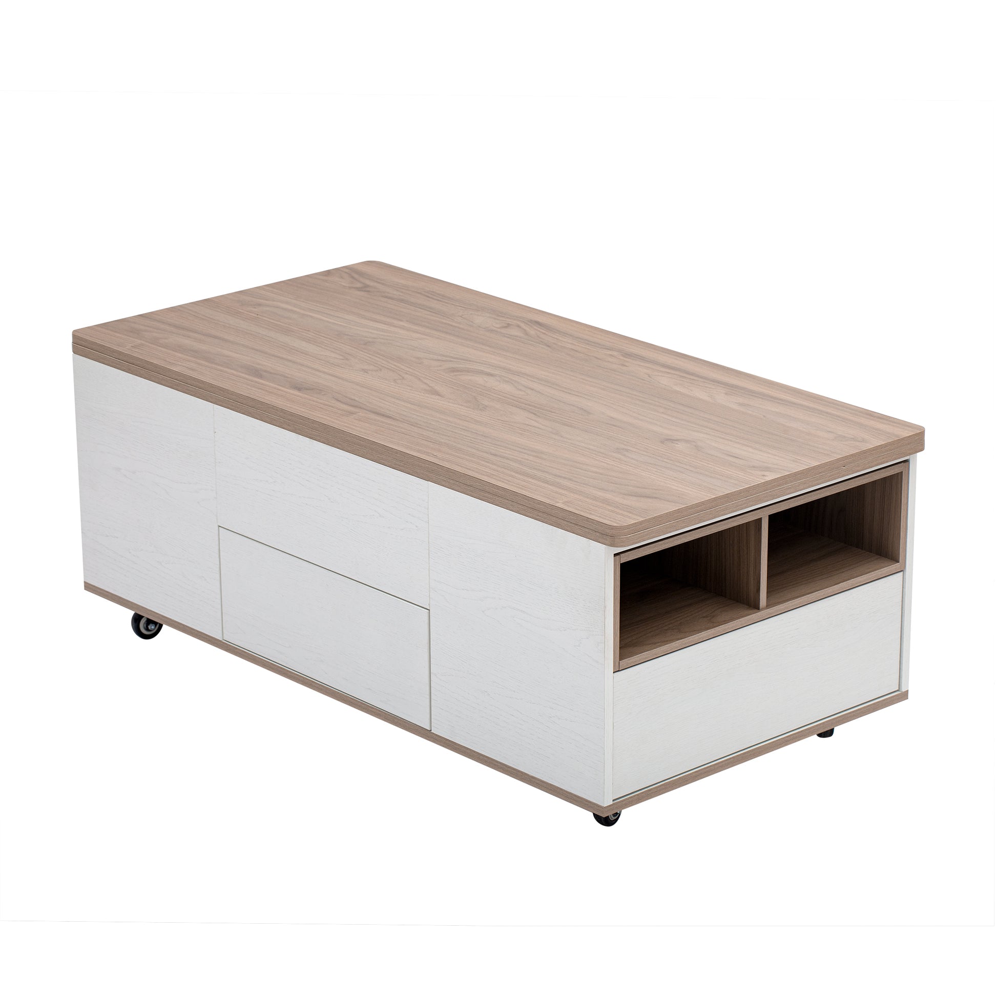 Modern Walnut & White Lift Top Coffee Table Multifunctional Table With Drawers & Shelves White Walnut Mdf