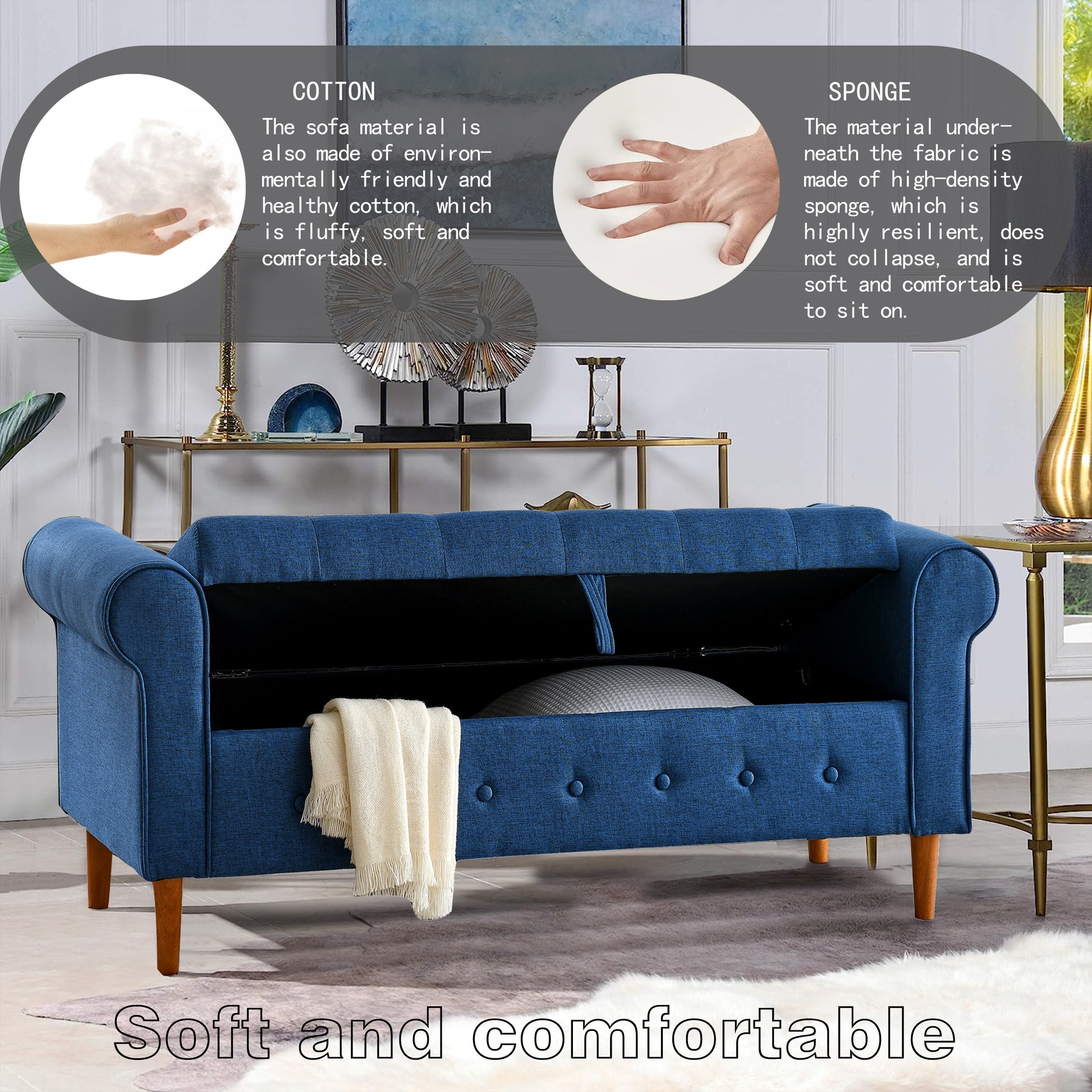 62" Bedroom Tufted Button Storage Bench, Modern Fabric Upholstered Ottoman, Window Bench, Rolled Arm Design For Bedroom, Living Room, Foyer Blue Blue Light Brown Primary Living Space American Design,Luxury Eucalyptus Foam Fabric