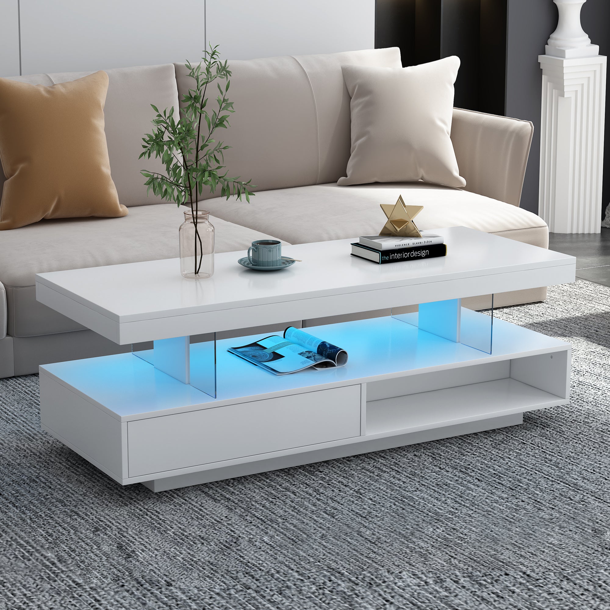 Led Coffee Table With Storage, Modern Center Table With 2 Drawers And Display Shelves, Accent Furniture With Led Lights For Living Room,White White Particle Board