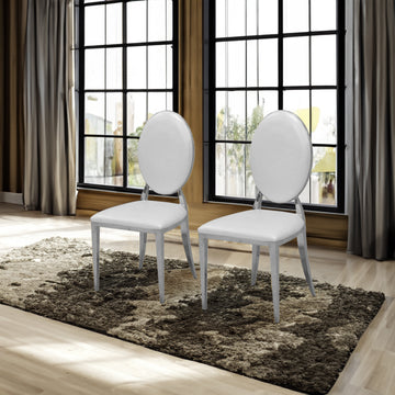 Dining Chair Set Of 2, Oval Backrest Design And Stainless Steel Legs White Leather