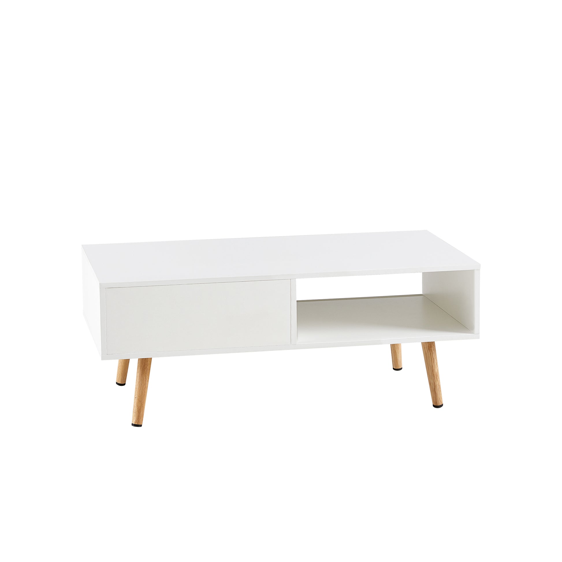 41.34" Rattan Coffee Table, Sliding Door For Storage, Solid Wood Legs, Modern Table For Living Room ,White White Solid Wood Mdf