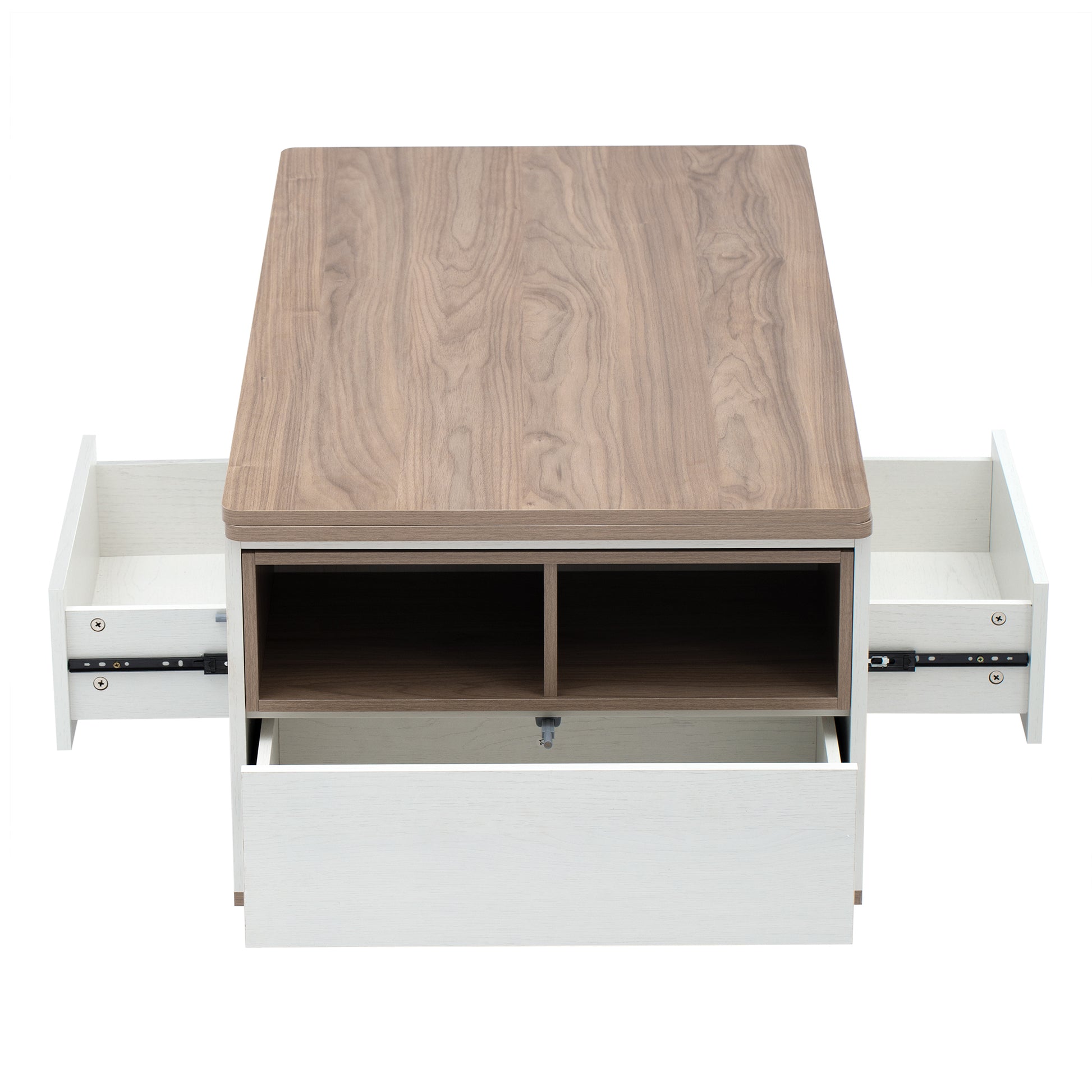 Modern Walnut & White Lift Top Coffee Table Multifunctional Table With Drawers & Shelves White Walnut Mdf