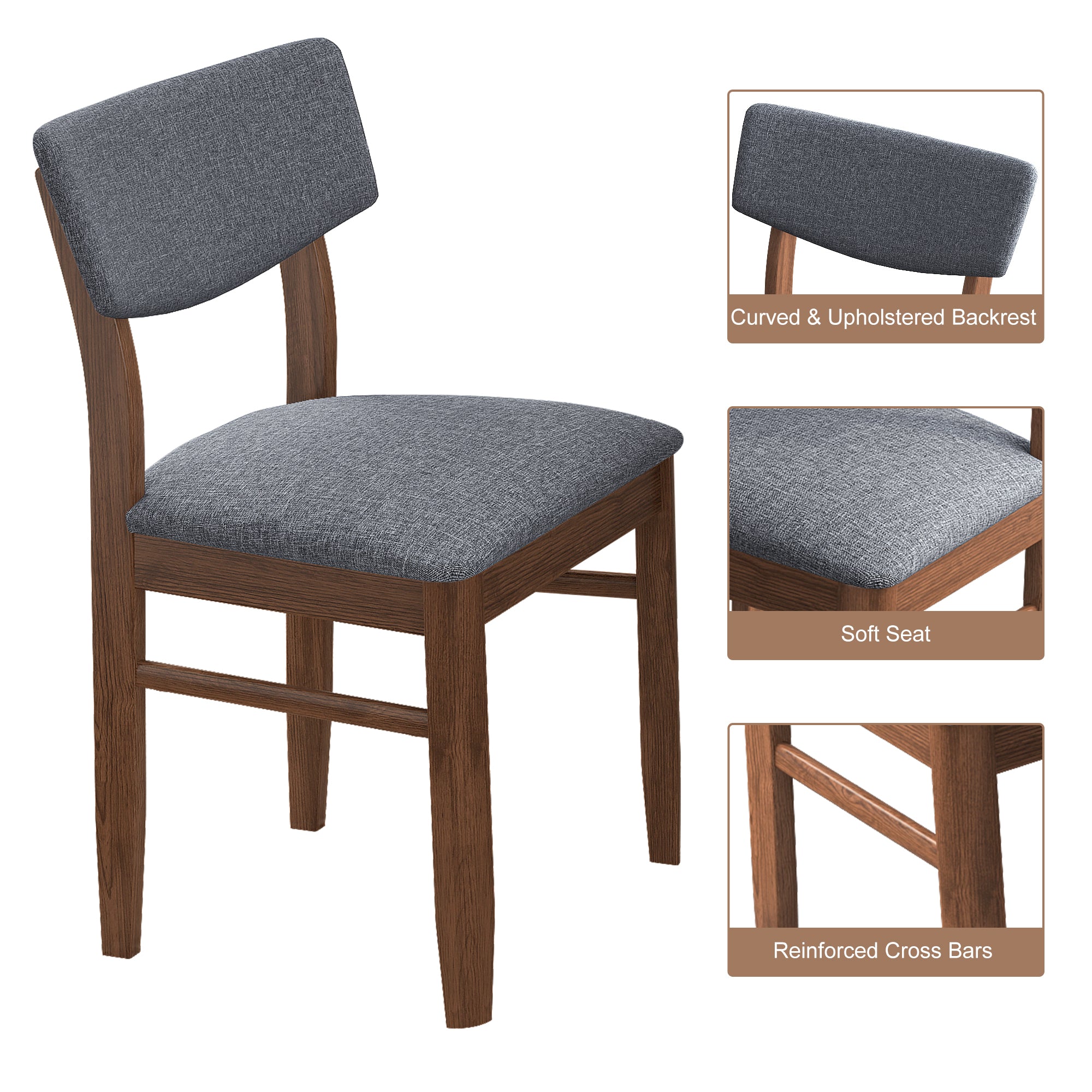 2 PCS Dining Chairs Fabric Cushion Retro Upholstered walnut-rubber wood