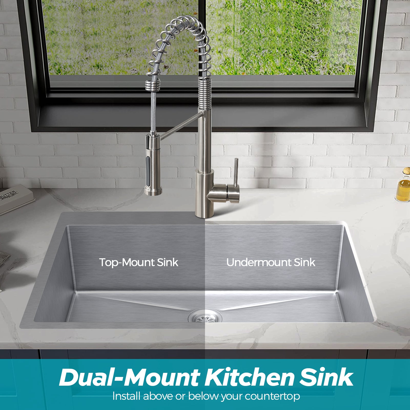 Tecasa 33 Inch Kitchen Sink Dual Mount Undermount Or Drop In Sink With Faucet Combo, All In One Single Bowl Stainless Steel Sink Silver Stainless Steel