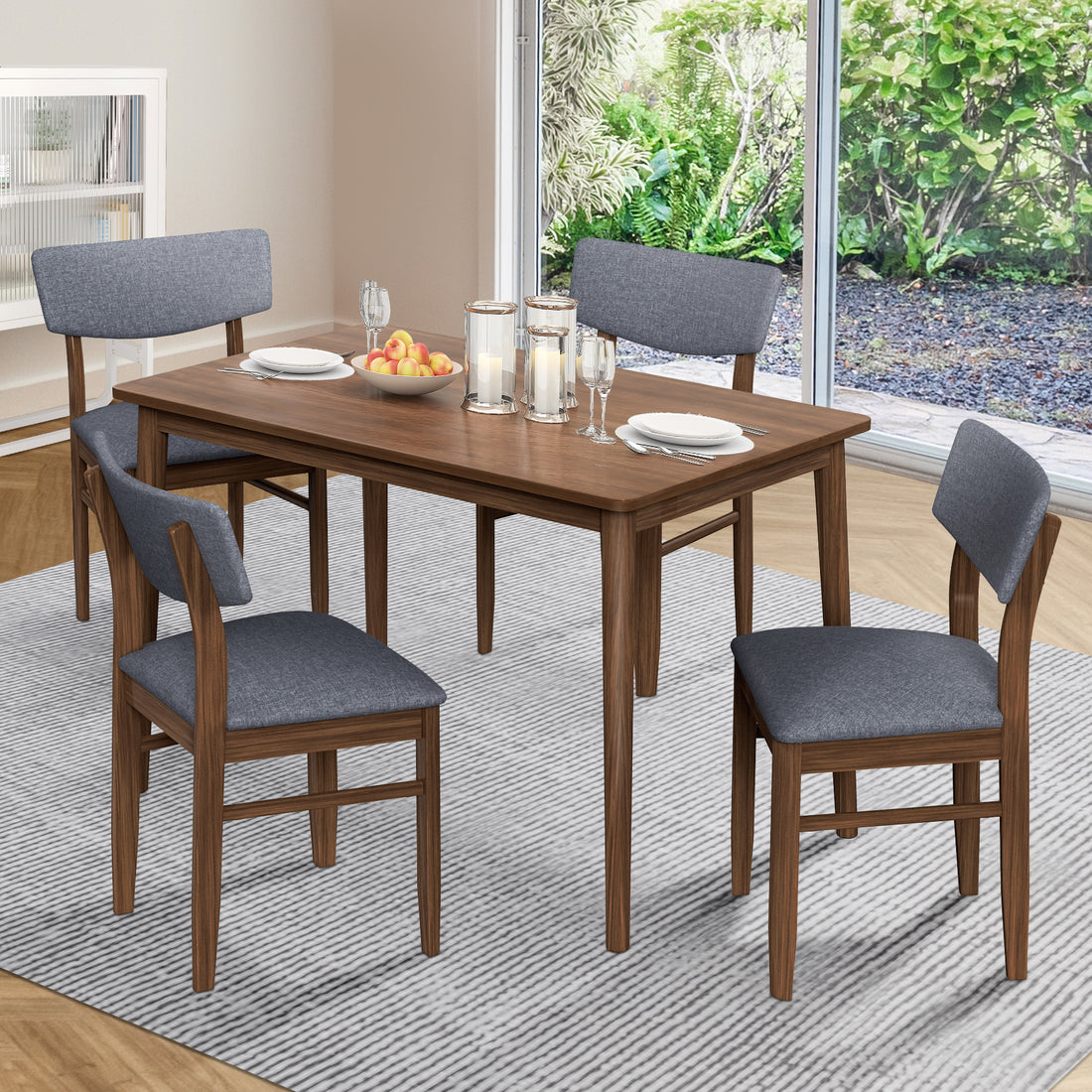 5 Pieces Modern Dining Table Set with 1 Rectangular walnut-rubber wood