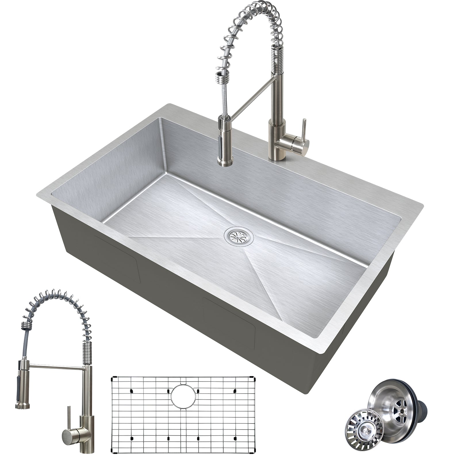 Tecasa 33 Inch Kitchen Sink Dual Mount Undermount Or Drop In Sink With Faucet Combo, All In One Single Bowl Stainless Steel Sink Silver Stainless Steel