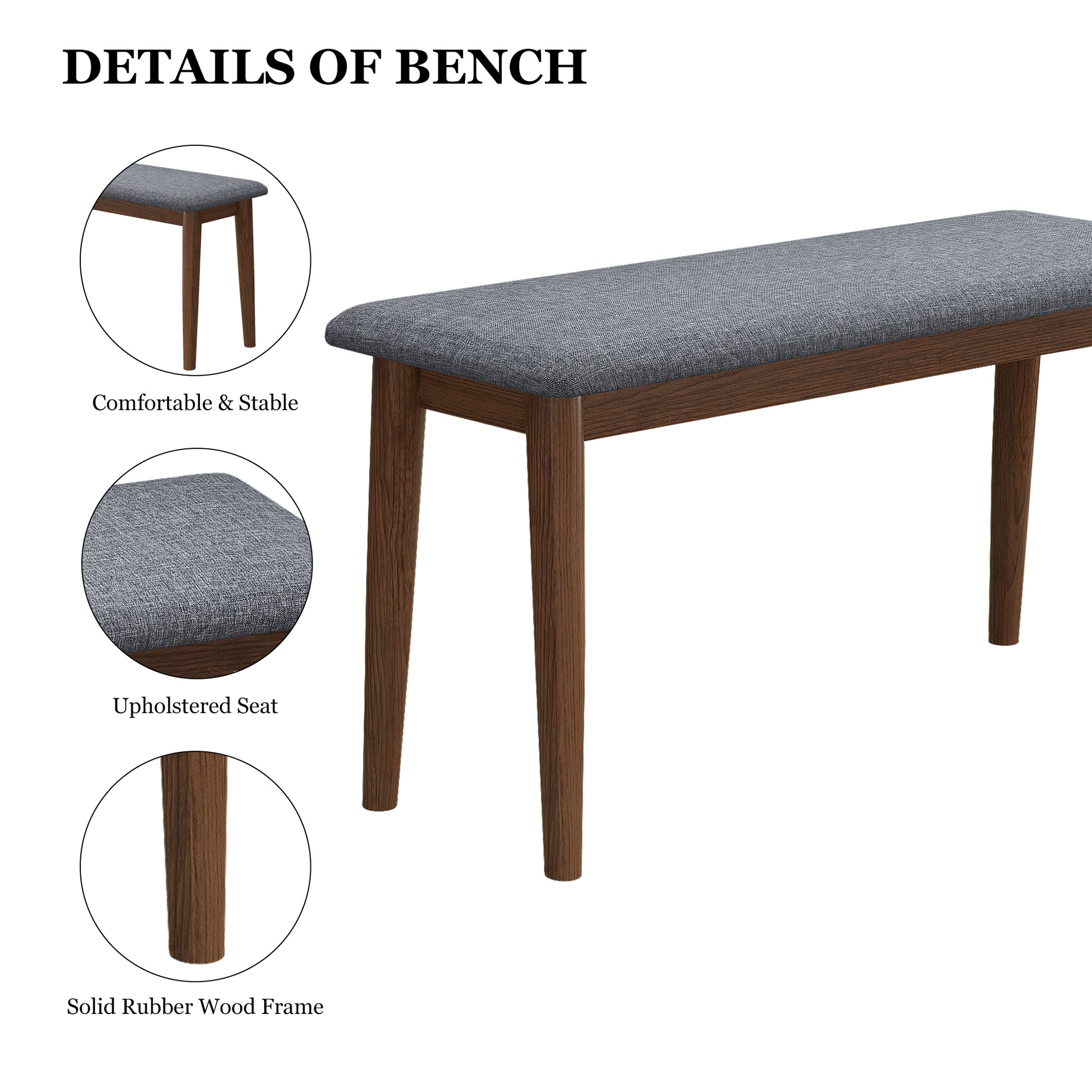 2Pcs Upholstered Benches Retro Upholstered Bench Solid Rubber Wood For Kitchen Dining Room Grey And Walnut Color Walnut Rubber Wood