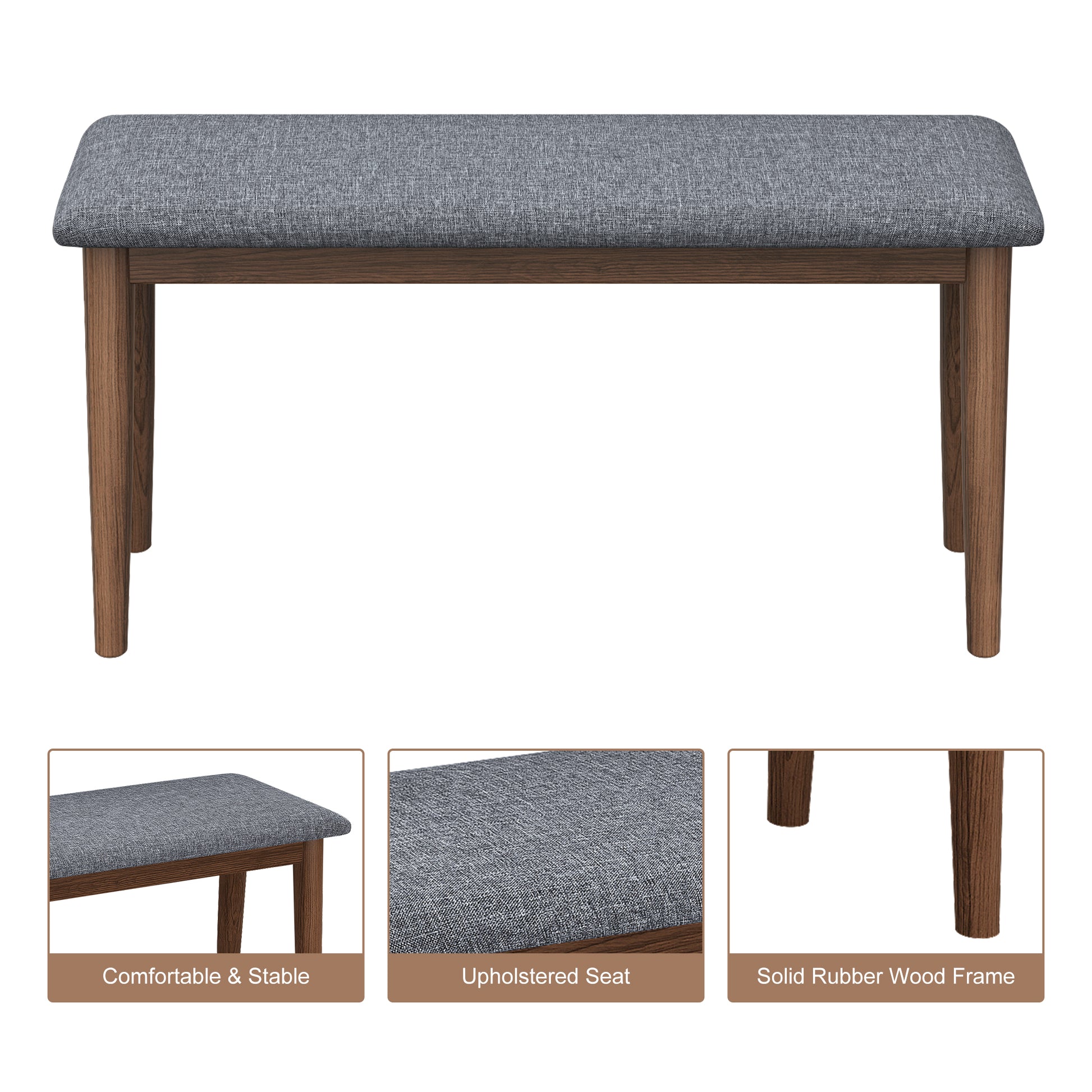 2Pcs Upholstered Benches Retro Upholstered Bench Solid Rubber Wood For Kitchen Dining Room Grey And Walnut Color Walnut Rubber Wood