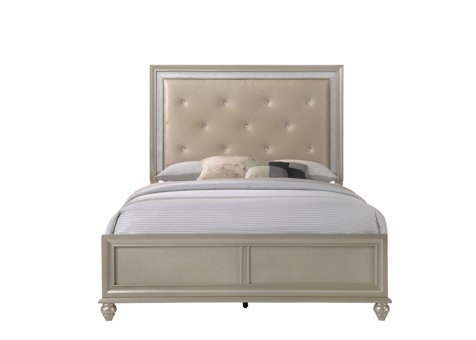 Modern Champagne Faux Finish Upholstered 1Pc Queen Size Panel Bed Bedroom Furniture Champagne Solid Wood