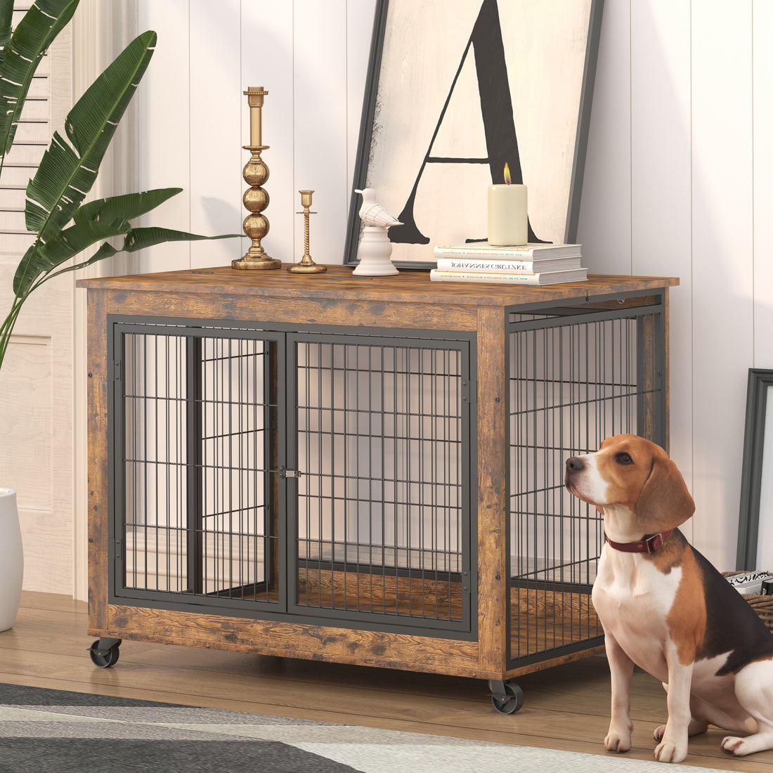 Furniture Dog Cage Crate With Double Doors, Rustic Brown, 38.58'' W X 25.2'' D X 27.17'' H Rustic Brown Particle Board