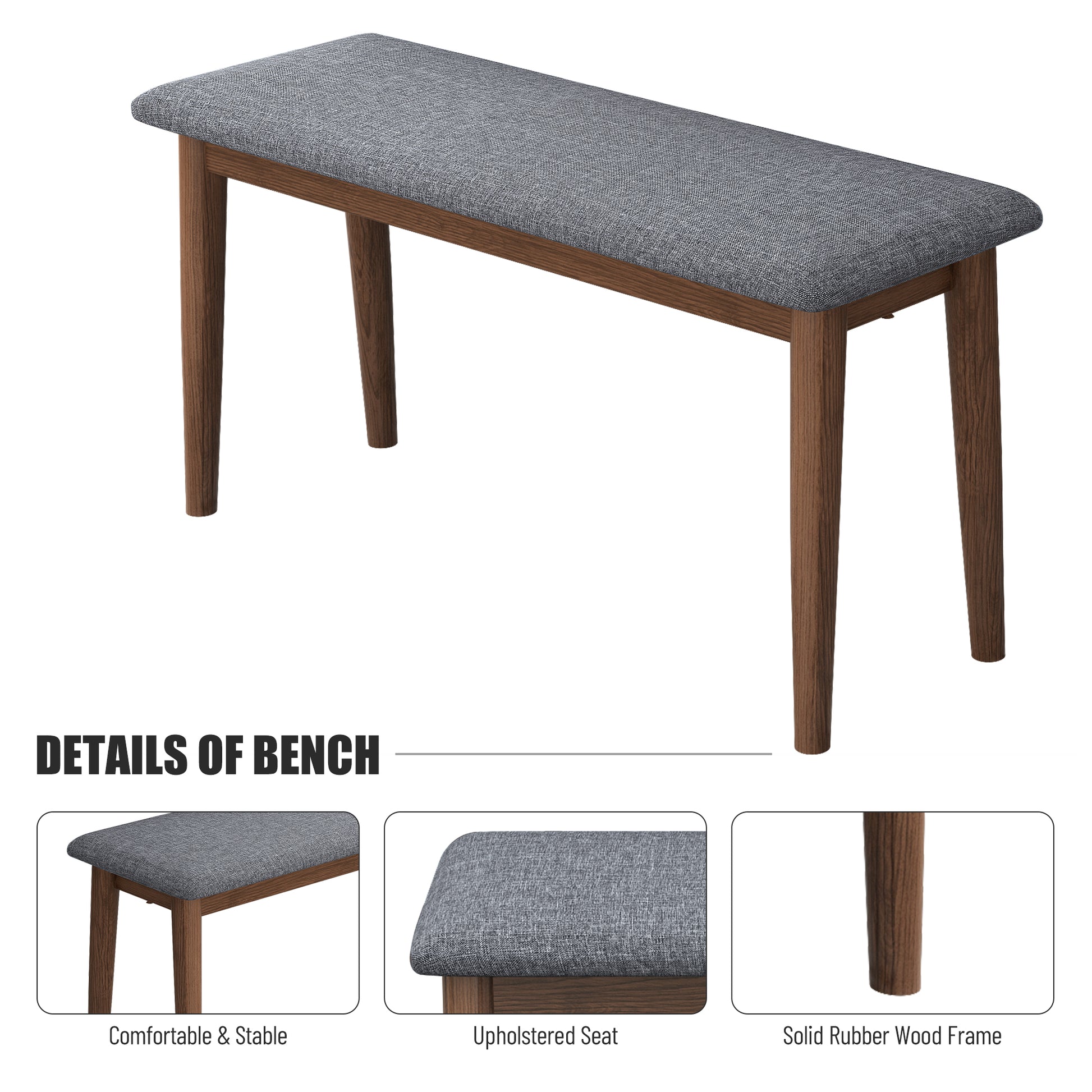 2Pcs Upholstered Benches Retro Upholstered Bench Solid Rubber Wood For Kitchen Dining Room Grey And Walnut Color Walnut Rubber Wood