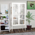 Double Glass Door Storage Cabinet With Adjustable Shelves And Feet Cold Rolled Steel Sideboard Furniture For Living Room Kitchen White White Tempered Glass