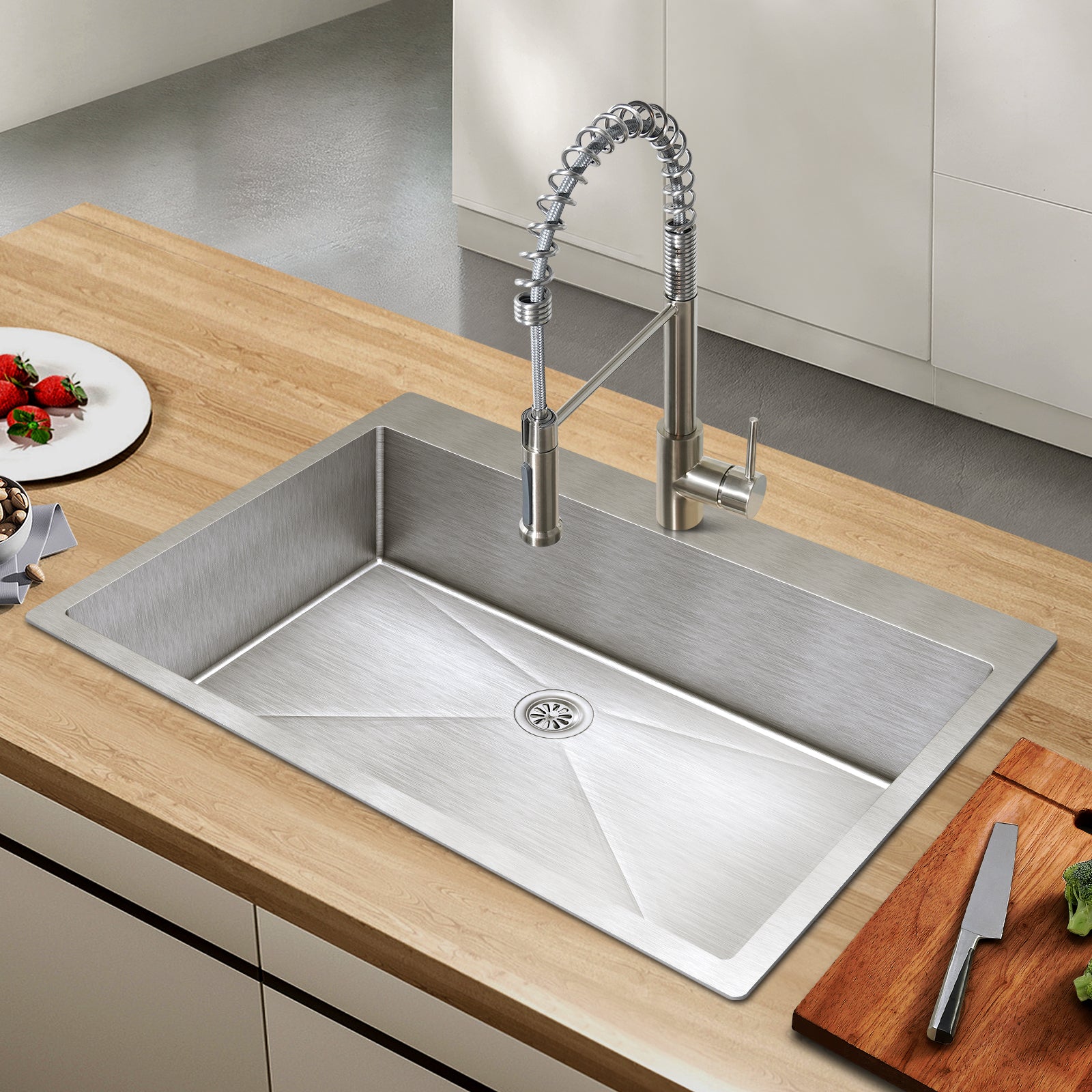 Tecasa 33 Inch Kitchen Sink Dual Mount Undermount Or Drop In Sink With Faucet Combo, All In One Single Bowl Stainless Steel Sink Silver Stainless Steel