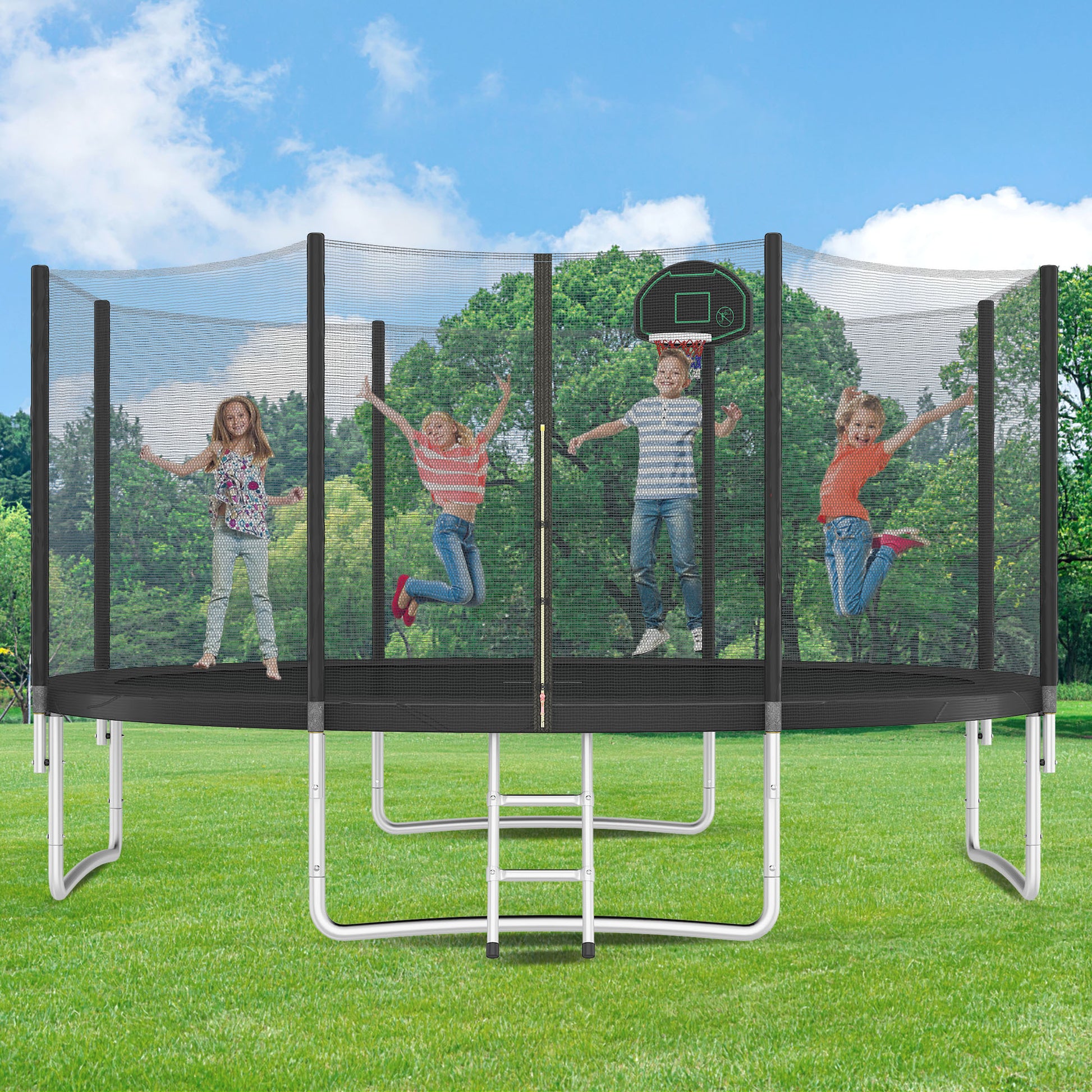 14Ft Trampoline For Kids With Safety Enclosure Net, Basketball Hoop And Ladder, Easy Assembly Round Outdoor Recreational Trampoline Black Metal