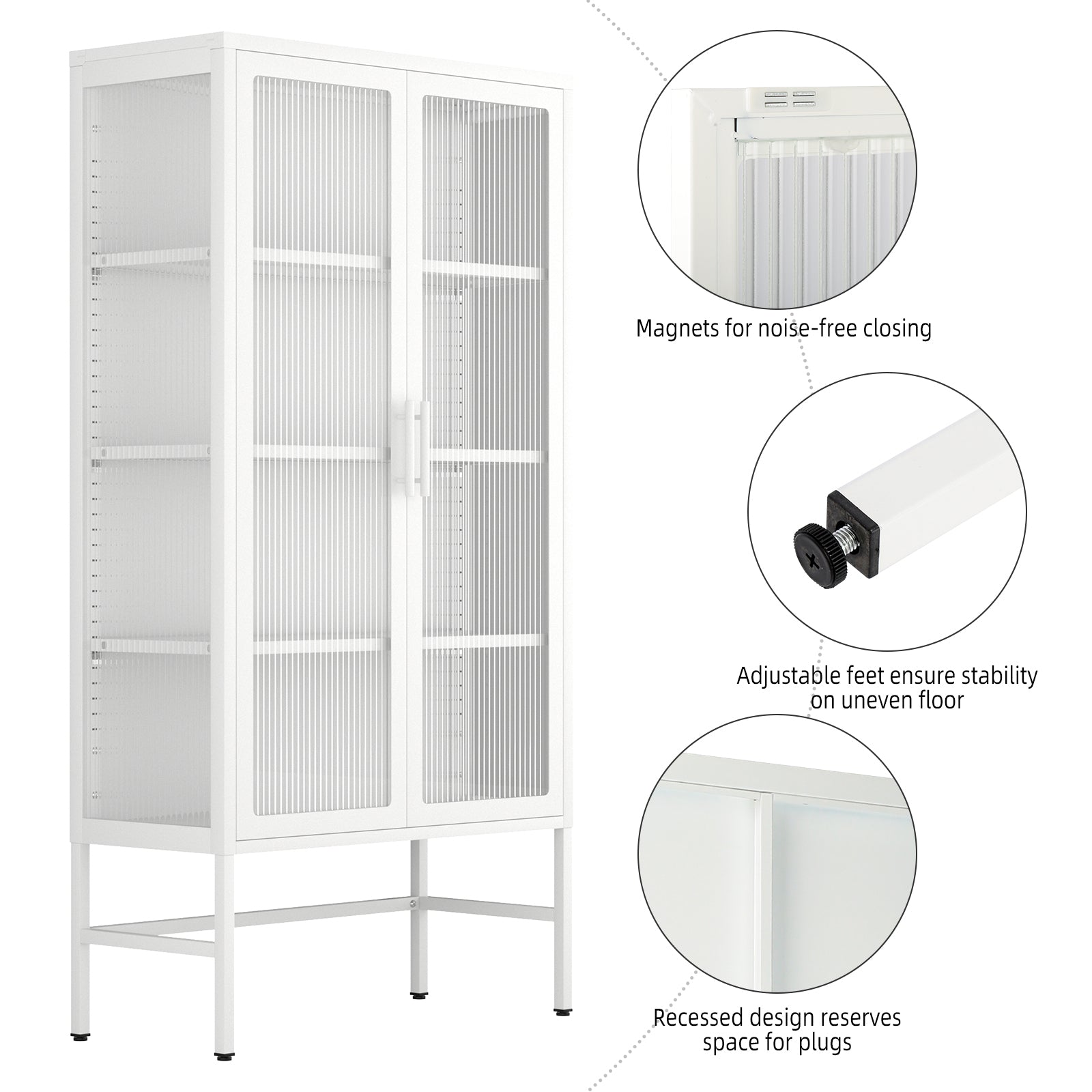 Double Glass Door Storage Cabinet With Adjustable Shelves And Feet Cold Rolled Steel Sideboard Furniture For Living Room Kitchen White White Tempered Glass