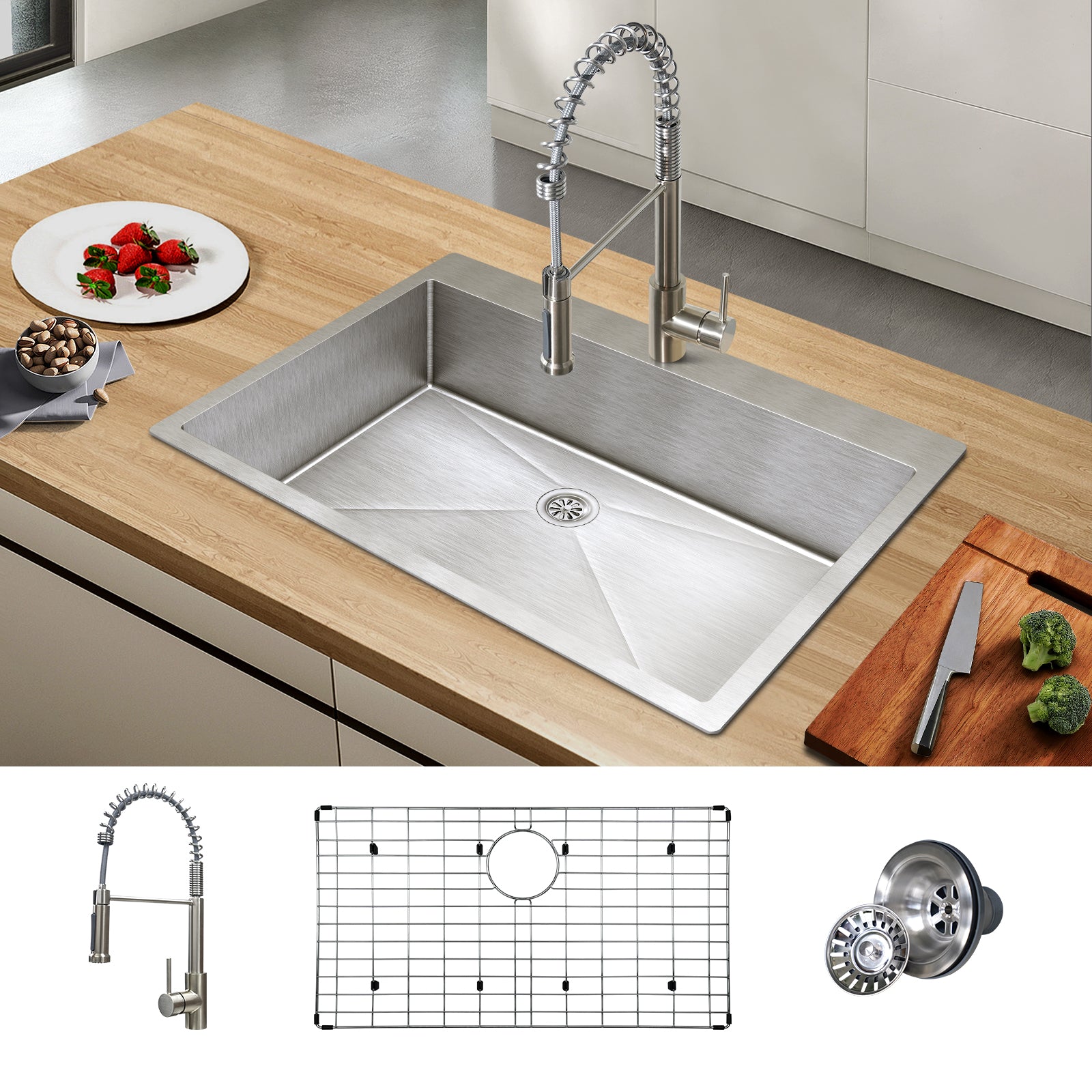 Tecasa 33 Inch Kitchen Sink Dual Mount Undermount Or Drop In Sink With Faucet Combo, All In One Single Bowl Stainless Steel Sink Silver Stainless Steel