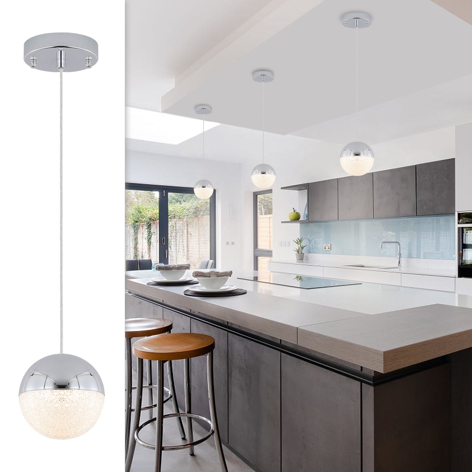 Pendant Light With Dimmable Led Set Of 3 Chrome Acrylic Iron