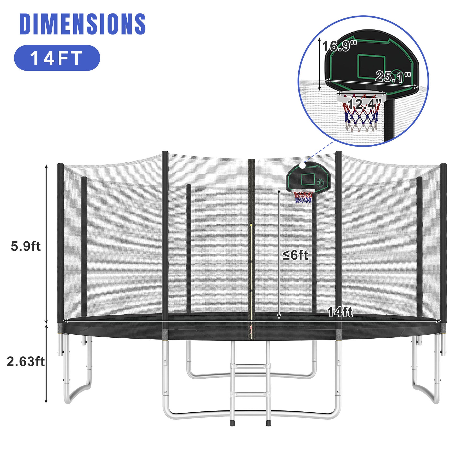 14Ft Trampoline For Kids With Safety Enclosure Net, Basketball Hoop And Ladder, Easy Assembly Round Outdoor Recreational Trampoline Black Metal