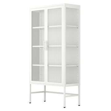 Double Glass Door Storage Cabinet With Adjustable Shelves And Feet Cold Rolled Steel Sideboard Furniture For Living Room Kitchen White White Tempered Glass