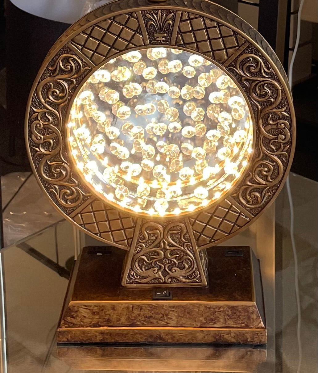 28" Antique Polyresin Table Lamp With Floating Crystal Decor On Center Antique Brown Polyresin