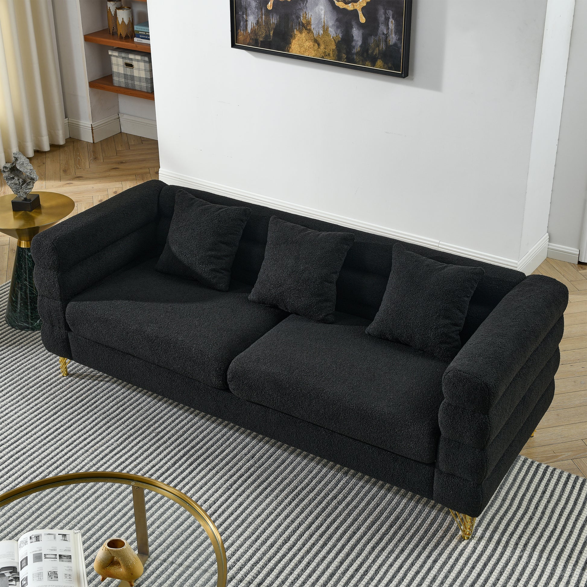 81 Inch Oversized 3 Seater Sectional Sofa, Living Room Comfort Fabric Sectional Sofe Deep Seating Sectional Sofa, Soft Sitting With 3 Pillows For Living Room,Bedroom,Office, Black Teddy W834S00035 Black Primary Living Space American Design Foam Fabric 3