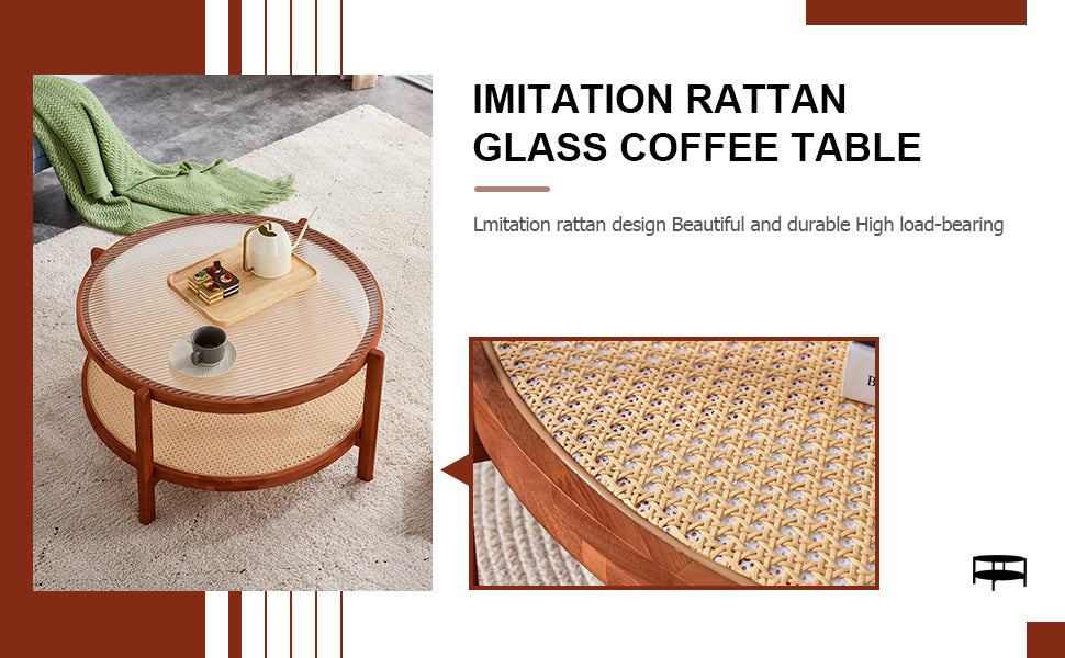 Modern Minimalist Circular Double Layer Solid Wood Coffee Table, Craft Glass Tabletop, Second Layer Material: Pe Rattan, Solid Wood Frame. 34.6 '* 34.6' * 17.7'' Walnut Solid Wood