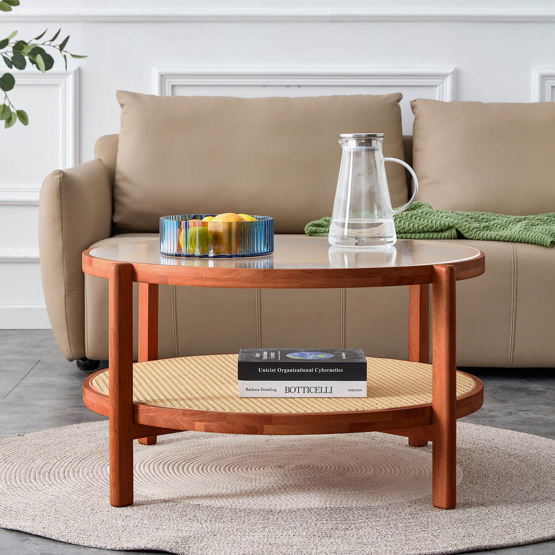 Modern Minimalist Circular Double Layer Solid Wood Coffee Table, Craft Glass Tabletop, Second Layer Material: Pe Rattan, Solid Wood Frame. 34.6 '* 34.6' * 17.7'' Walnut Solid Wood