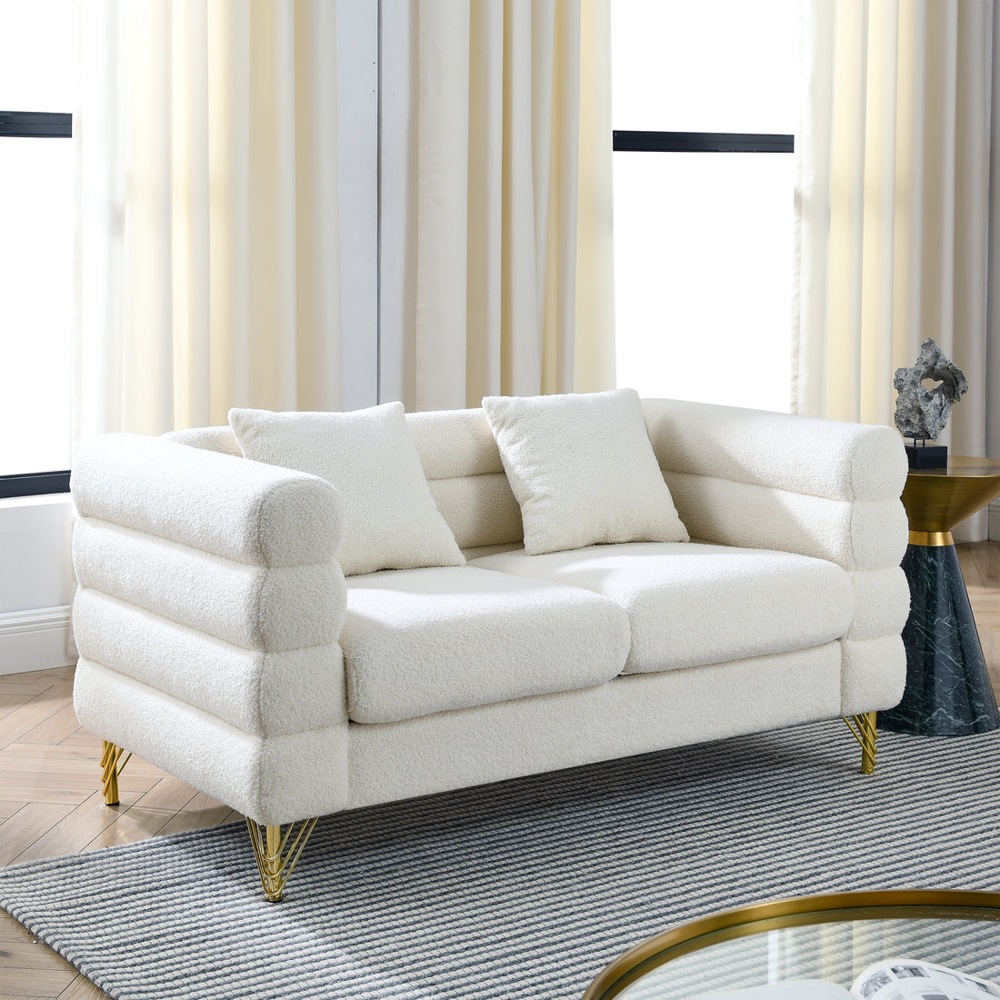 60Inch Oversized 2 Seater Sectional Sofa, Living Room Comfort Fabric Sectional Sofa Deep Seating Sectional Sofa, Soft Sitting With 2 Pillows For Living Room, Bedroom White Teddy Ivory W834S00029 Ivory Primary Living Space American Design Foam Fabric 2