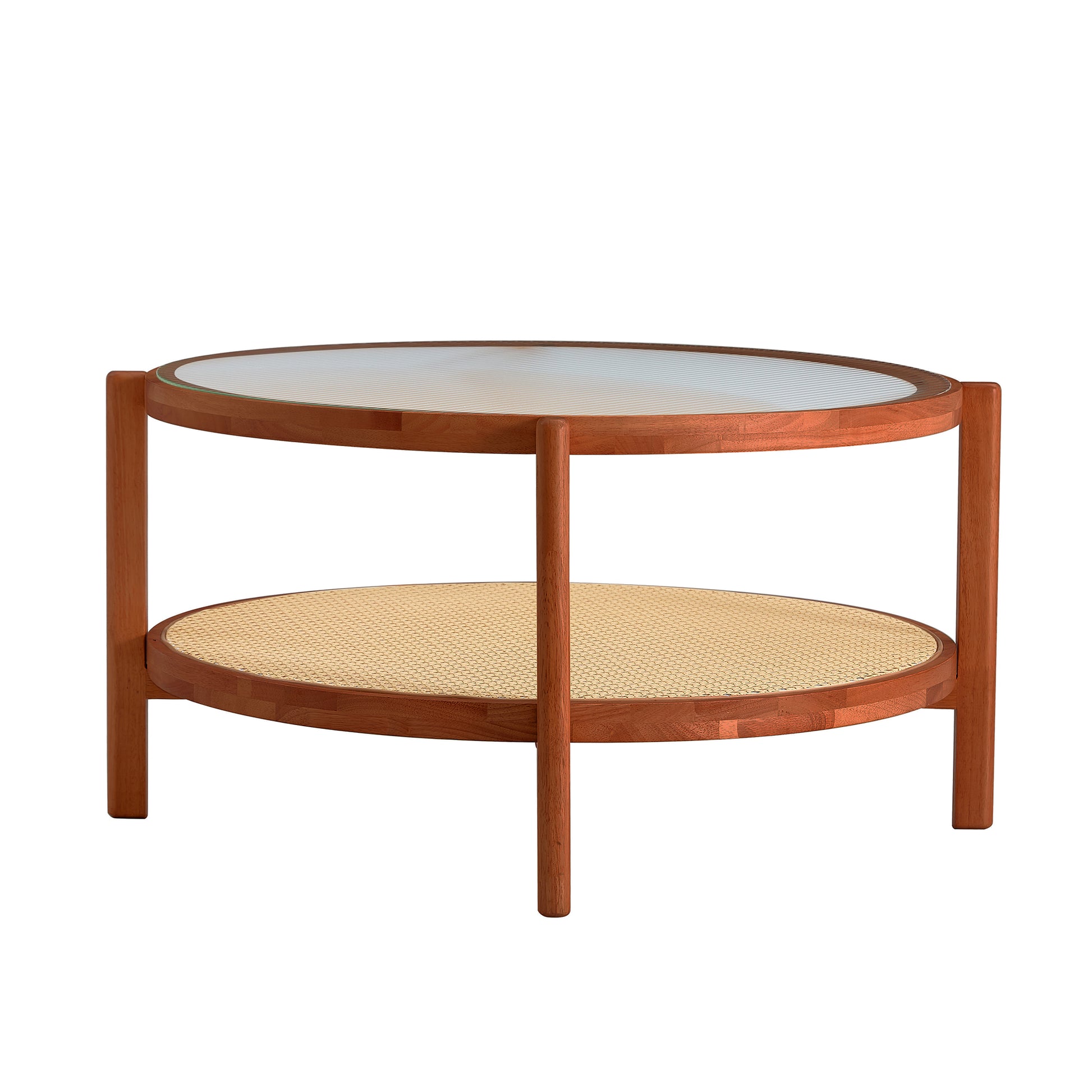 Modern Minimalist Circular Double Layer Solid Wood Coffee Table, Craft Glass Tabletop, Second Layer Material: Pe Rattan, Solid Wood Frame. 34.6 '* 34.6' * 17.7'' Walnut Solid Wood