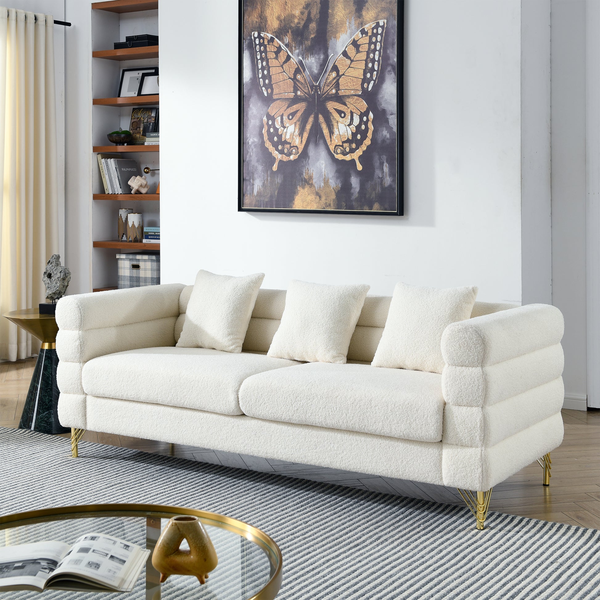 81 Inch Oversized 3 Seater Sectional Sofa, Living Room Comfort Fabric Sectional Sofa Deep Seating Sectional Sofa, Soft Sitting With 3 Pillows For Living Room, Bedroom, Etc., White Teddy Ivory Ivory Primary Living Space American Design Foam Fabric 3 Seat