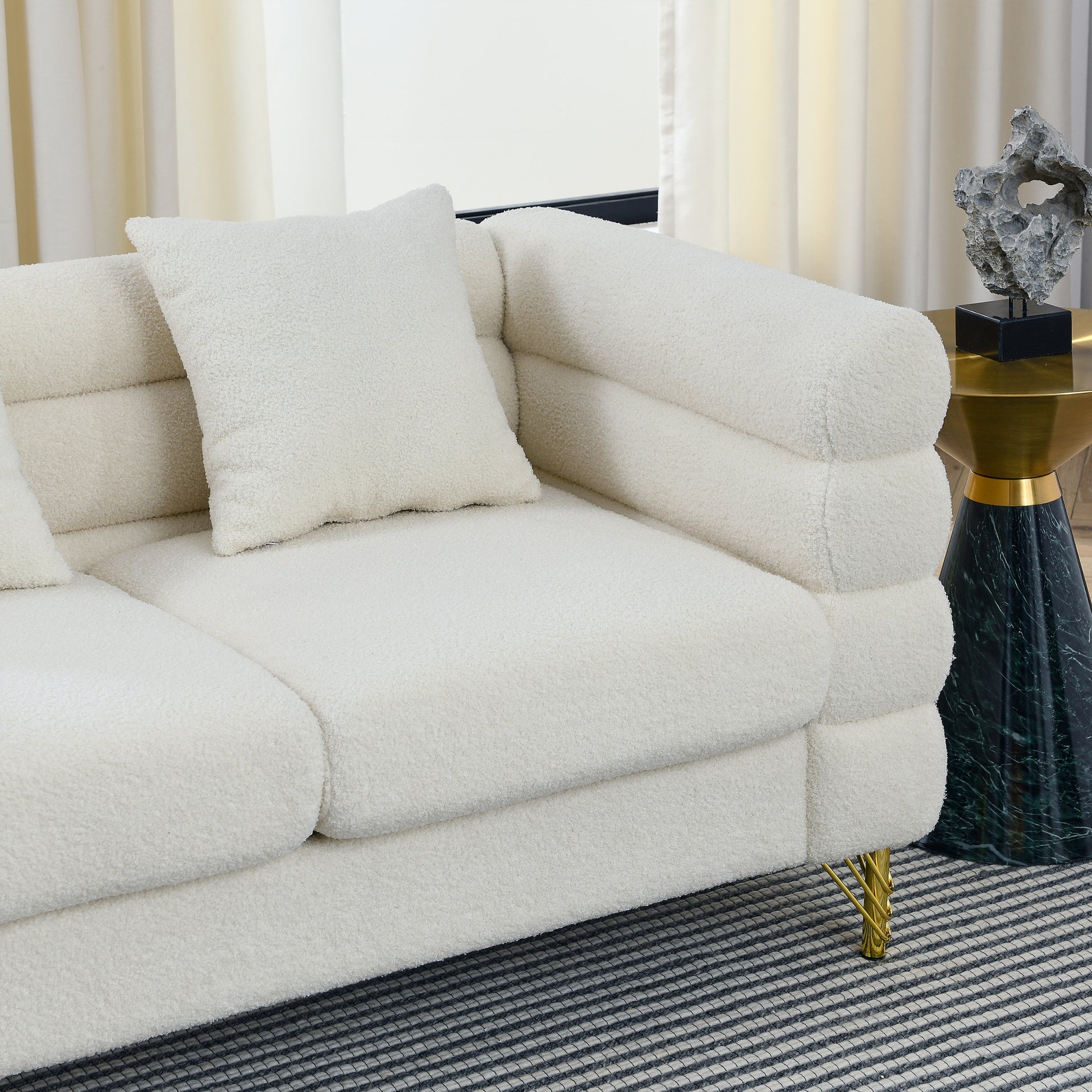 81 Inch Oversized 3 Seater Sectional Sofa, Living Room Comfort Fabric Sectional Sofa Deep Seating Sectional Sofa, Soft Sitting With 3 Pillows For Living Room, Bedroom, Etc., White Teddy Ivory Ivory Primary Living Space American Design Foam Fabric 3 Seat