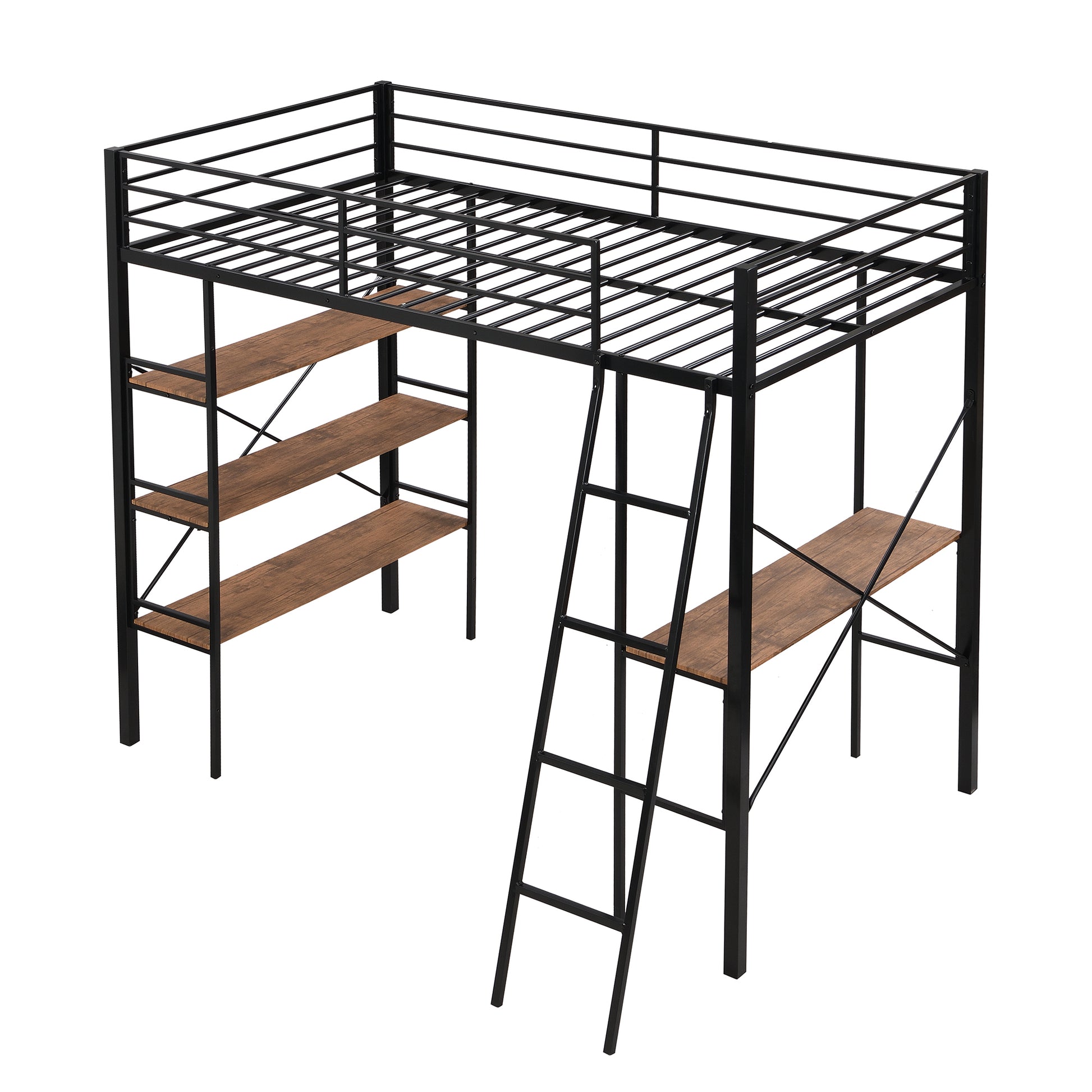 Twin Size Metal Loft Bed With Shelves And Desk, Black Old Sku: Wf306849Aab Box Spring Not Required Twin Black Metal Bedroom Bed Frame Metal