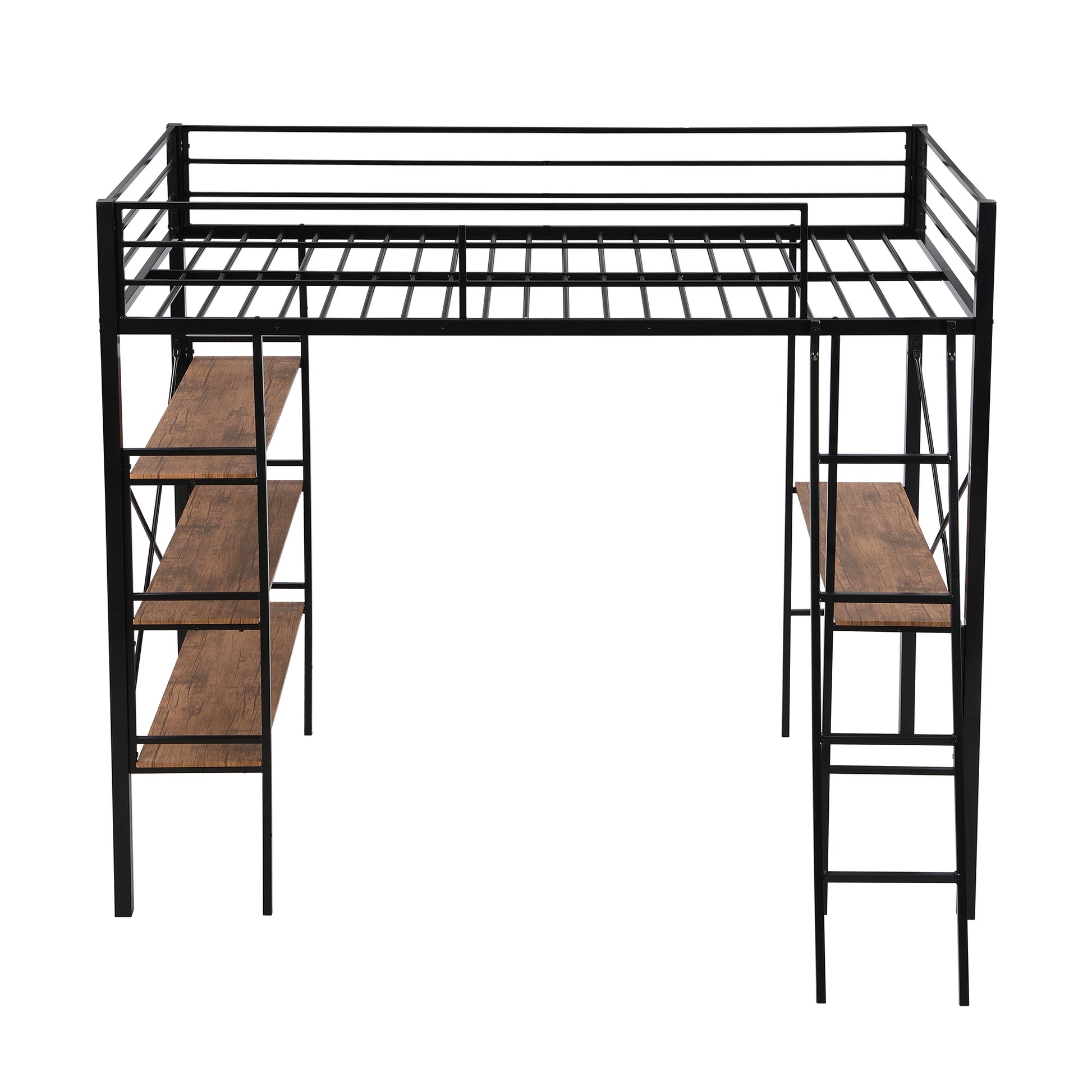 Twin Size Metal Loft Bed With Shelves And Desk, Black Old Sku: Wf306849Aab Box Spring Not Required Twin Black Metal Bedroom Bed Frame Metal