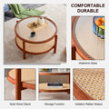 Modern Minimalist Circular Double Layer Solid Wood Coffee Table, Craft Glass Tabletop, Second Layer Material: Pe Rattan, Solid Wood Frame. 34.6 '* 34.6' * 17.7'' Walnut Solid Wood