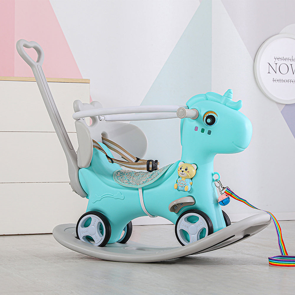 Rocking Horse For Toddlers, Balance Bike Ride On Toys With Push Handle, Backrest And Balance Board For Baby Girl And Boy, Unicorn Kids Riding Birthday Blue Blue Hdpe