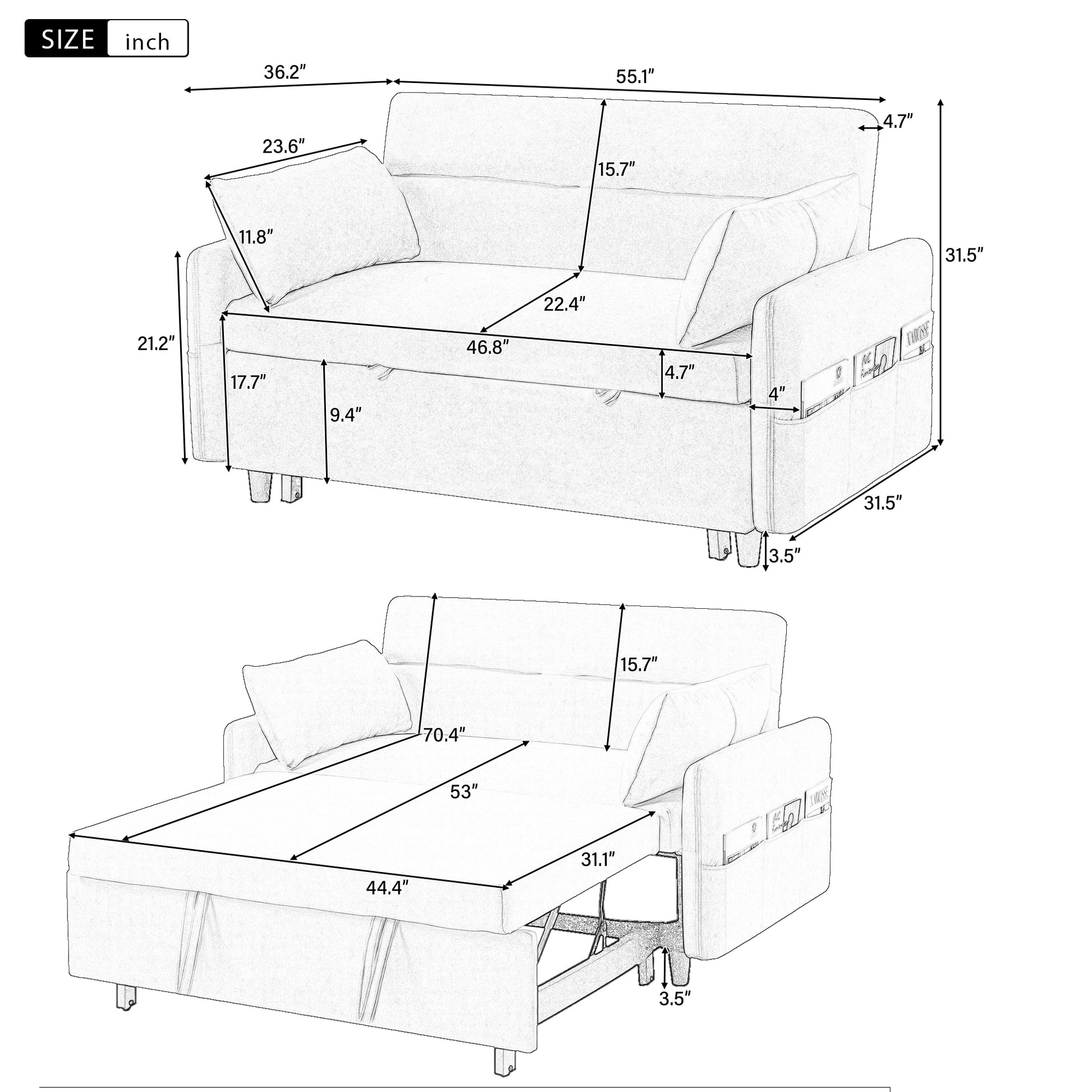 55.1" Pull Out Sleep Sofa Bed Loveseats Sofa Couch With Adjsutable Backrest, Storage Pockets, 2 Soft Pillows, Usb Ports For Living Room, Bedroom, Apartment, Office, Blue Old Sku Wf307821Aac Blue Foam Microfiber
