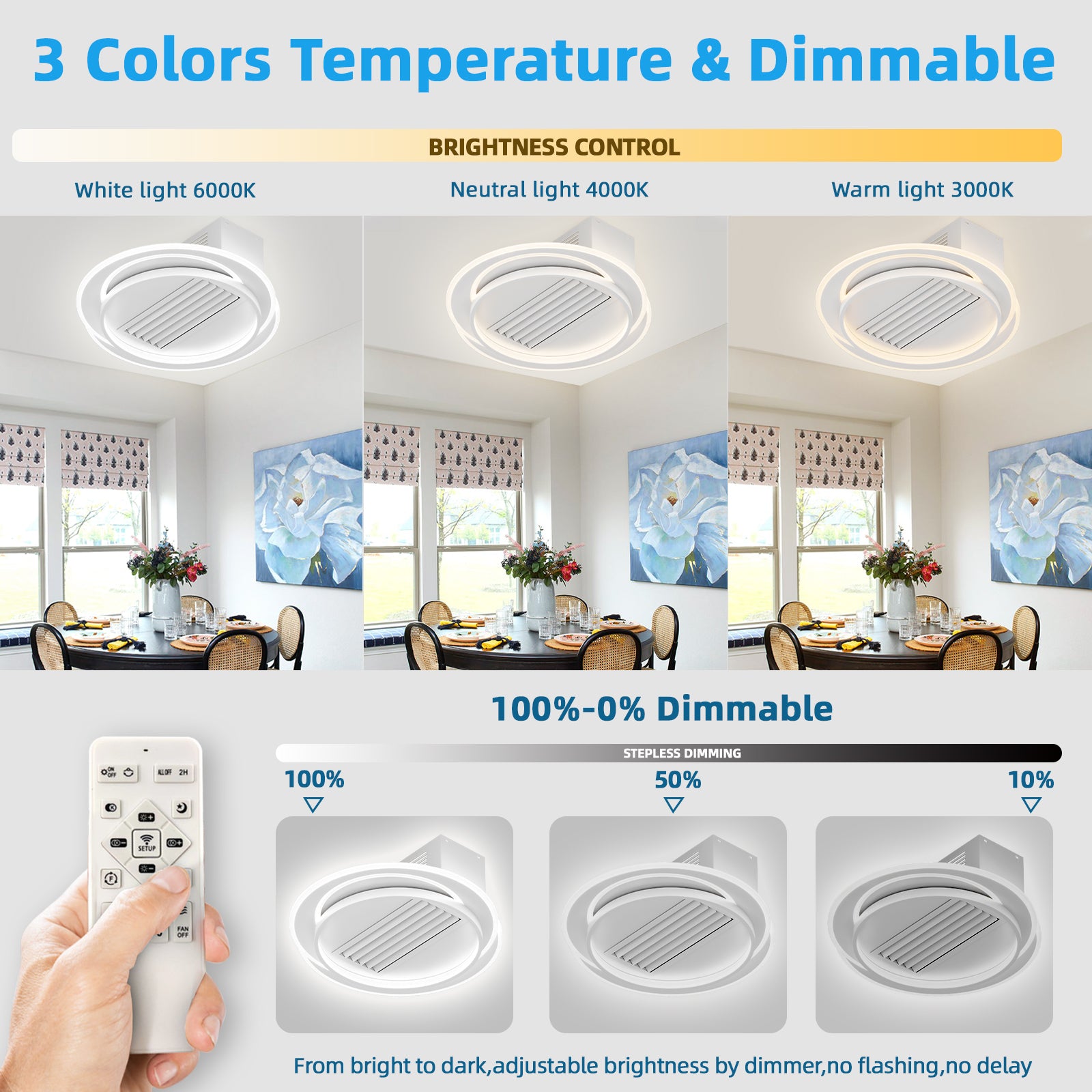 22Inches Bladeless Ceiling Fan with Lights Remote white-modern-iron