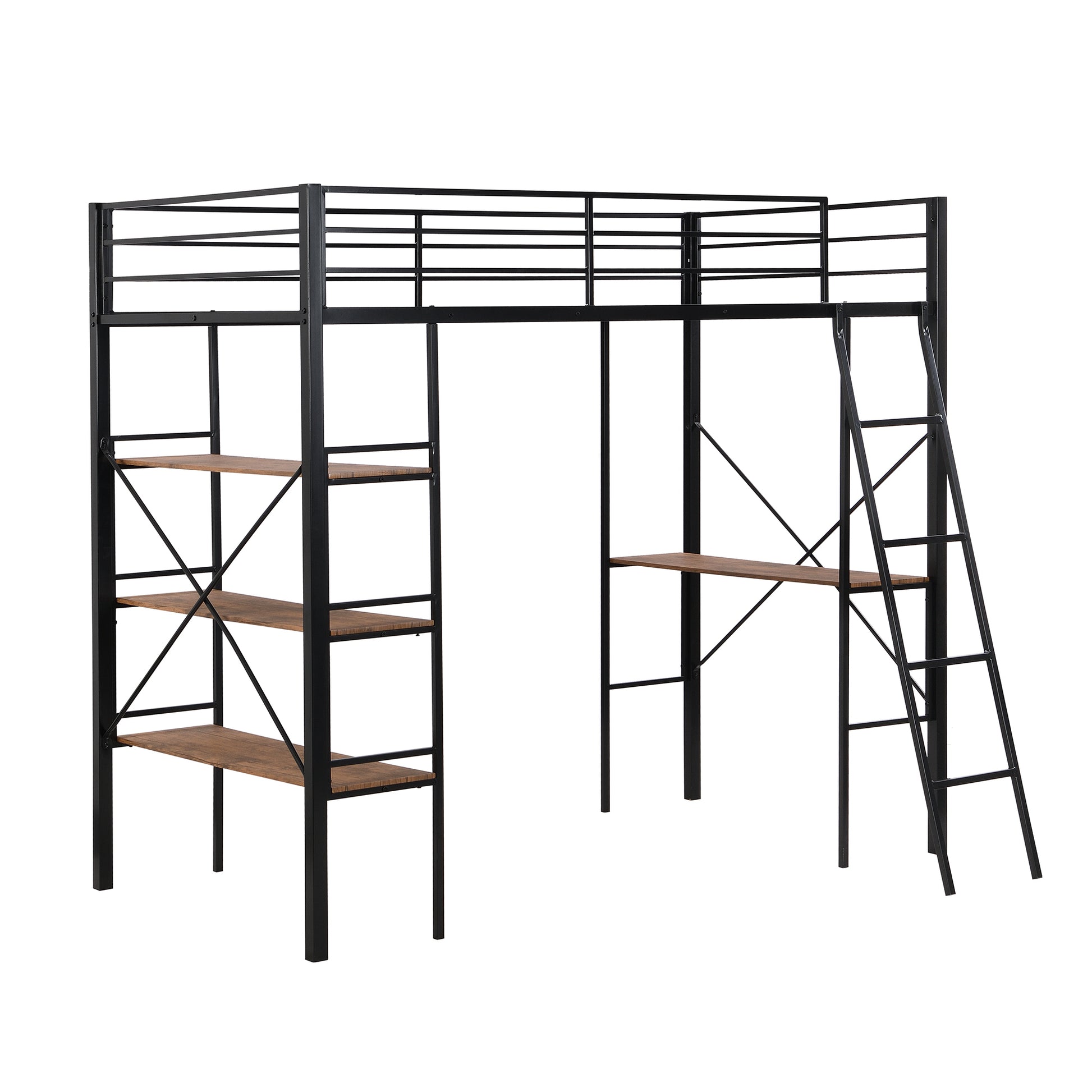 Twin Size Metal Loft Bed With Shelves And Desk, Black Old Sku: Wf306849Aab Box Spring Not Required Twin Black Metal Bedroom Bed Frame Metal