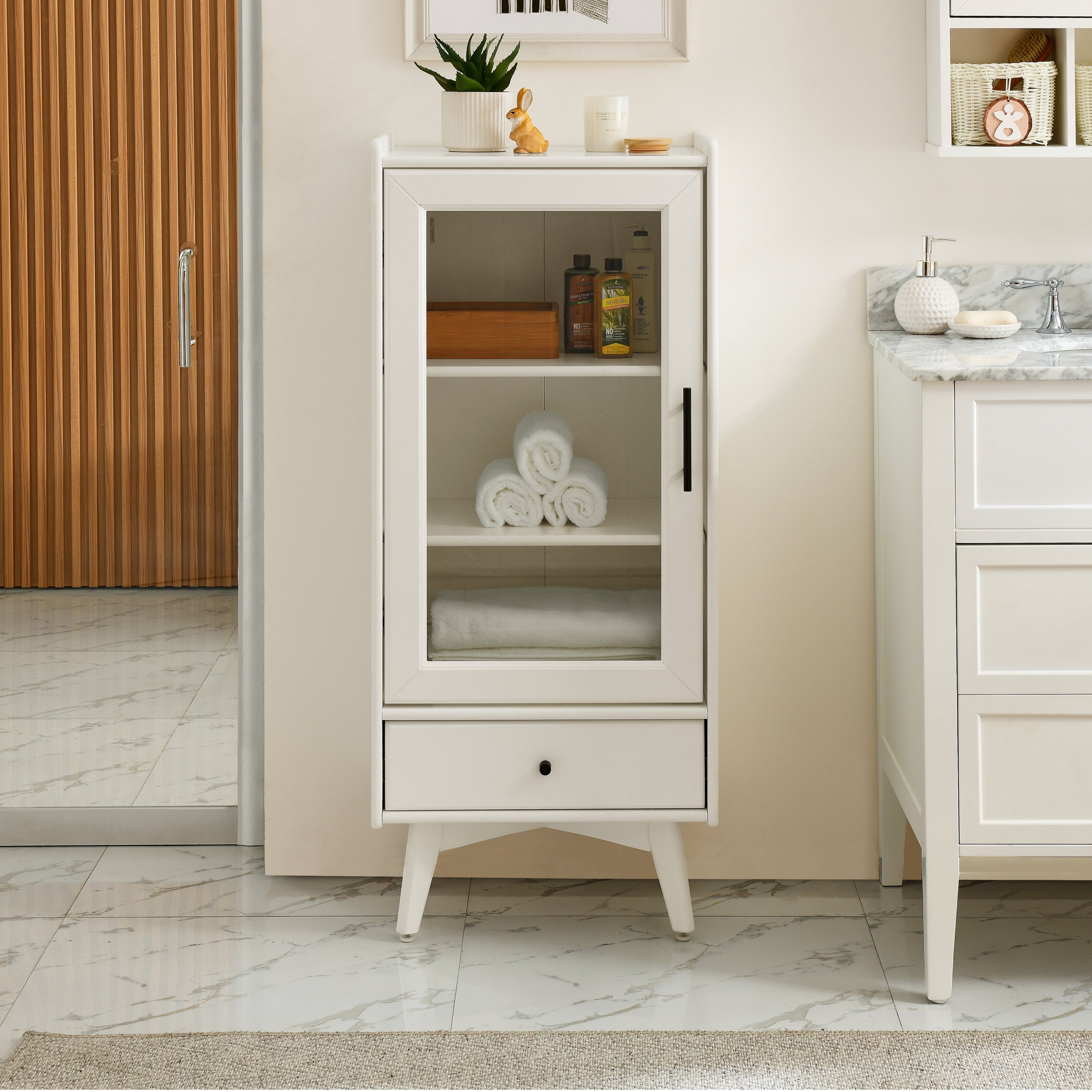 Wooden Double Door Bathroom Storage Floor Cabinet, on sale White