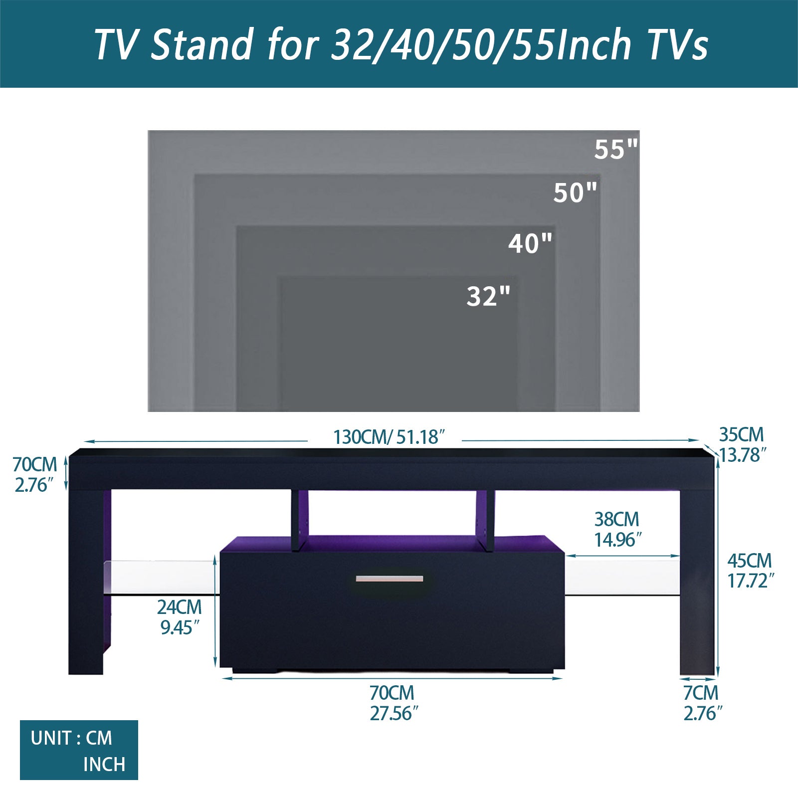 Fashiontvstandtvcabinet,Entertainmentcenter,Tvstationtv Console,Media Console,With Ledlight Belt,Light Belt Remote Control,Toughenedglassshelf,Metal Handle,Canbeplaced In The Living Room,Bedroom,Black Black Primary Living Space 50 59 Inches 50 59 Inches