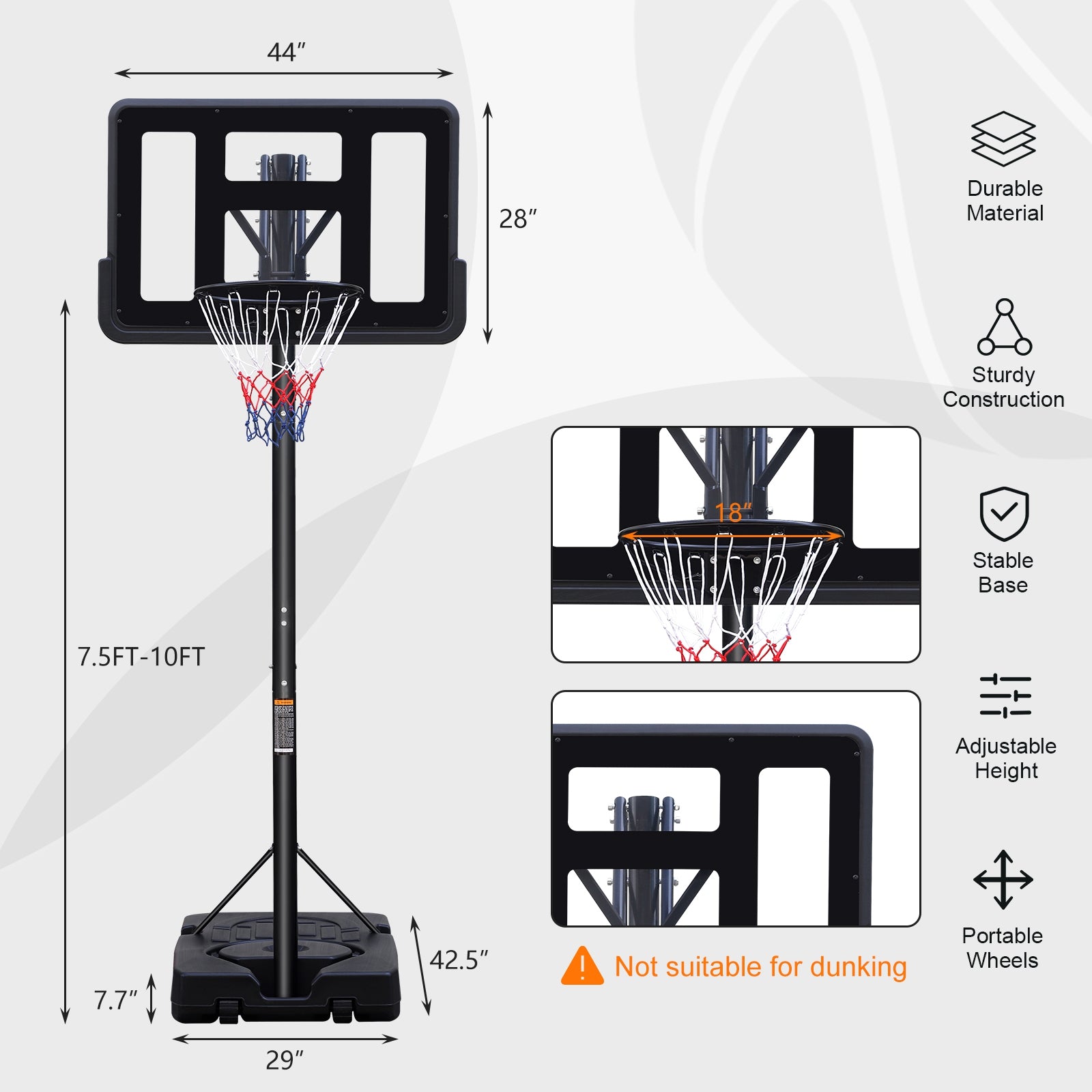 Teenagers Portable Basketball Hoop Height Adjustable Basketball Hoop Stand 7.5Ft 10Ft With 44 Inch Backboard And Wheels For Adults Teens Balls Sports Black Garden & Outdoor Sporty Iron