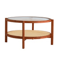 Modern Minimalist Circular Double Layer Solid Wood Coffee Table, Craft Glass Tabletop, Second Layer Material: Pe Rattan, Solid Wood Frame. 34.6 '* 34.6' * 17.7'' Walnut Solid Wood