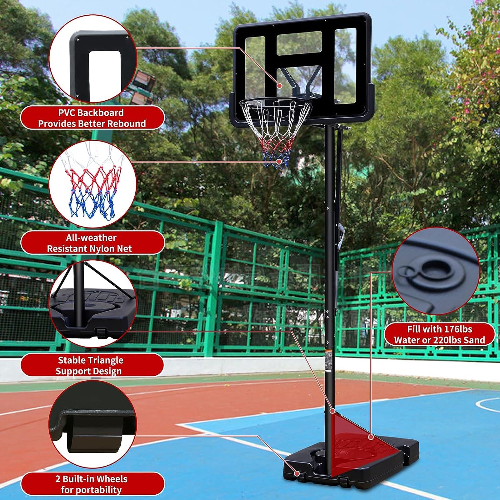 Teenagers Portable Basketball Hoop Height Adjustable Basketball Hoop Stand 7.5Ft 10Ft With 44 Inch Backboard And Wheels For Adults Teens Balls Sports Black Garden & Outdoor Sporty Iron