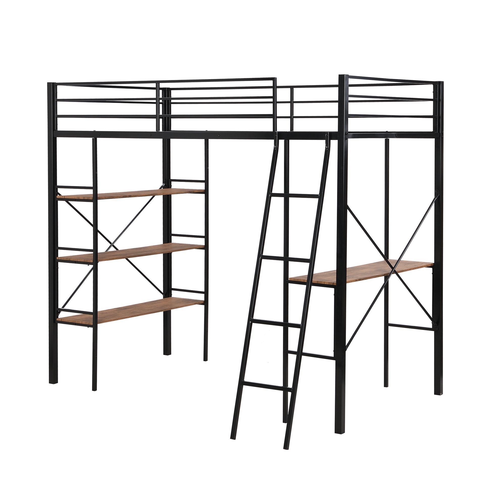 Twin Size Metal Loft Bed With Shelves And Desk, Black Old Sku: Wf306849Aab Box Spring Not Required Twin Black Metal Bedroom Bed Frame Metal